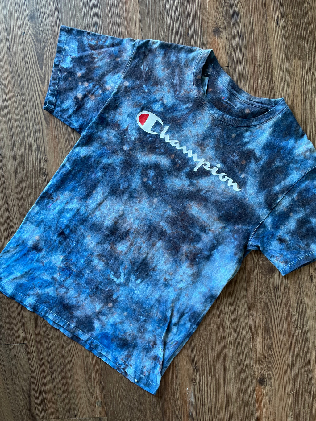 Medium Men’s Champion Handmade Tie Dye T-Shirt | Blue and Black Galaxy Tie Dye Short Sleeve