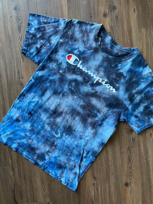 Medium Men’s Champion Handmade Tie Dye T-Shirt | Blue and Black Galaxy Tie Dye Short Sleeve
