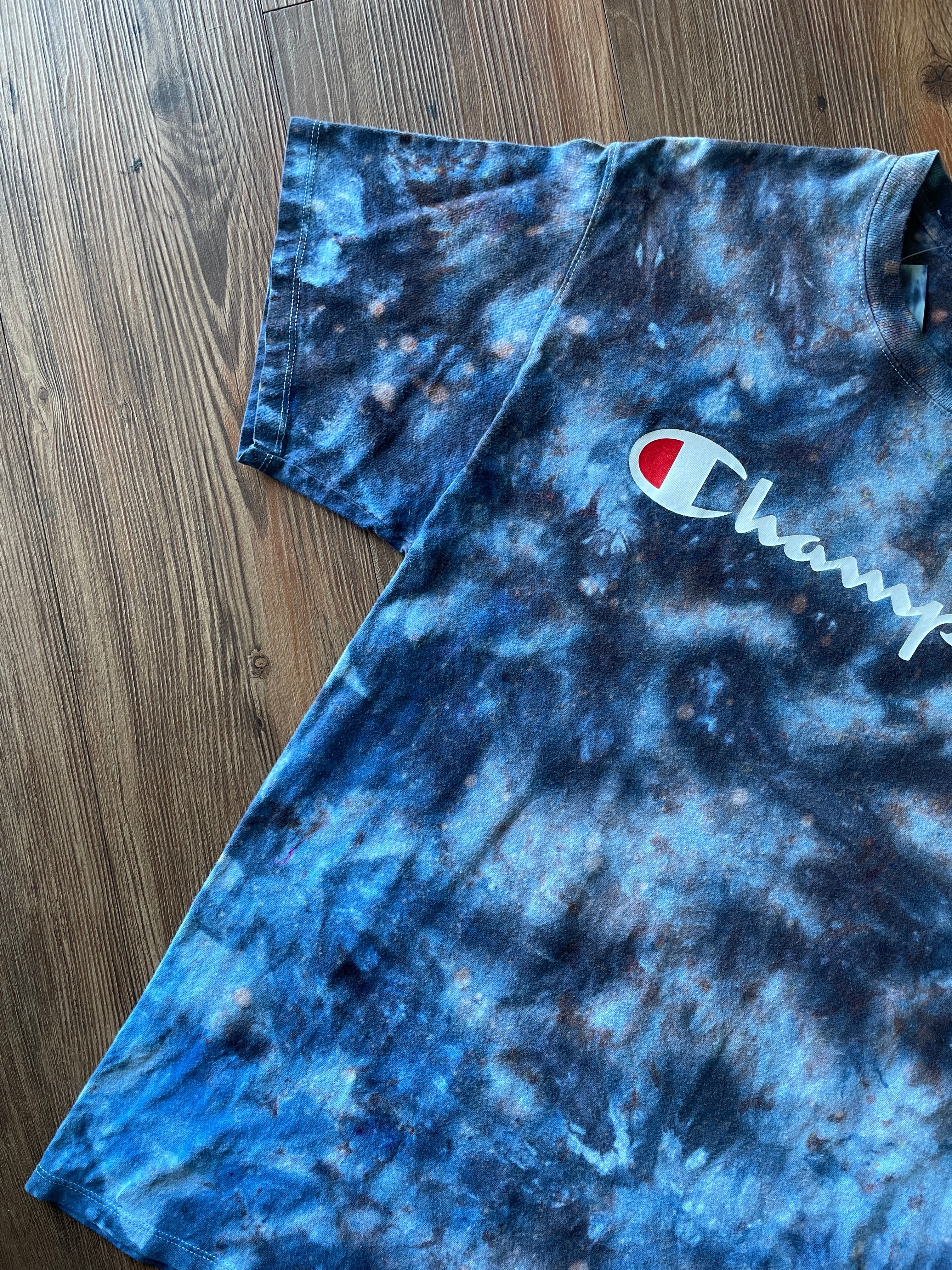 Medium Men’s Champion Handmade Tie Dye T-Shirt | Blue and Black Galaxy Tie Dye Short Sleeve