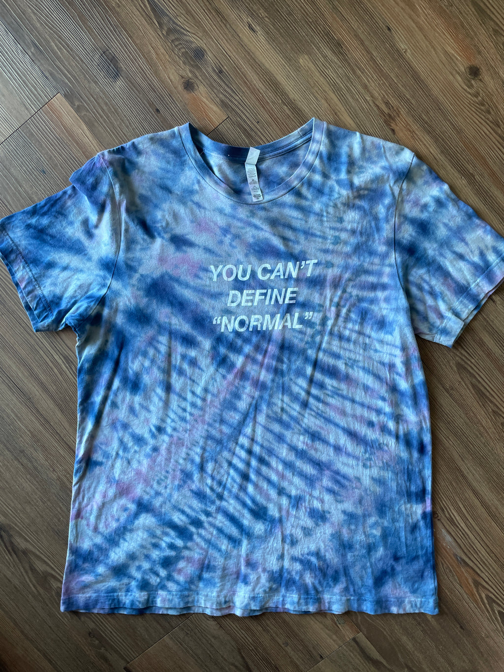 2XL Men’s You Can't Define Normal Handmade Tie Dye T-Shirt | Pastel Blue and Purple Pleated Tie Dye Short Sleeve