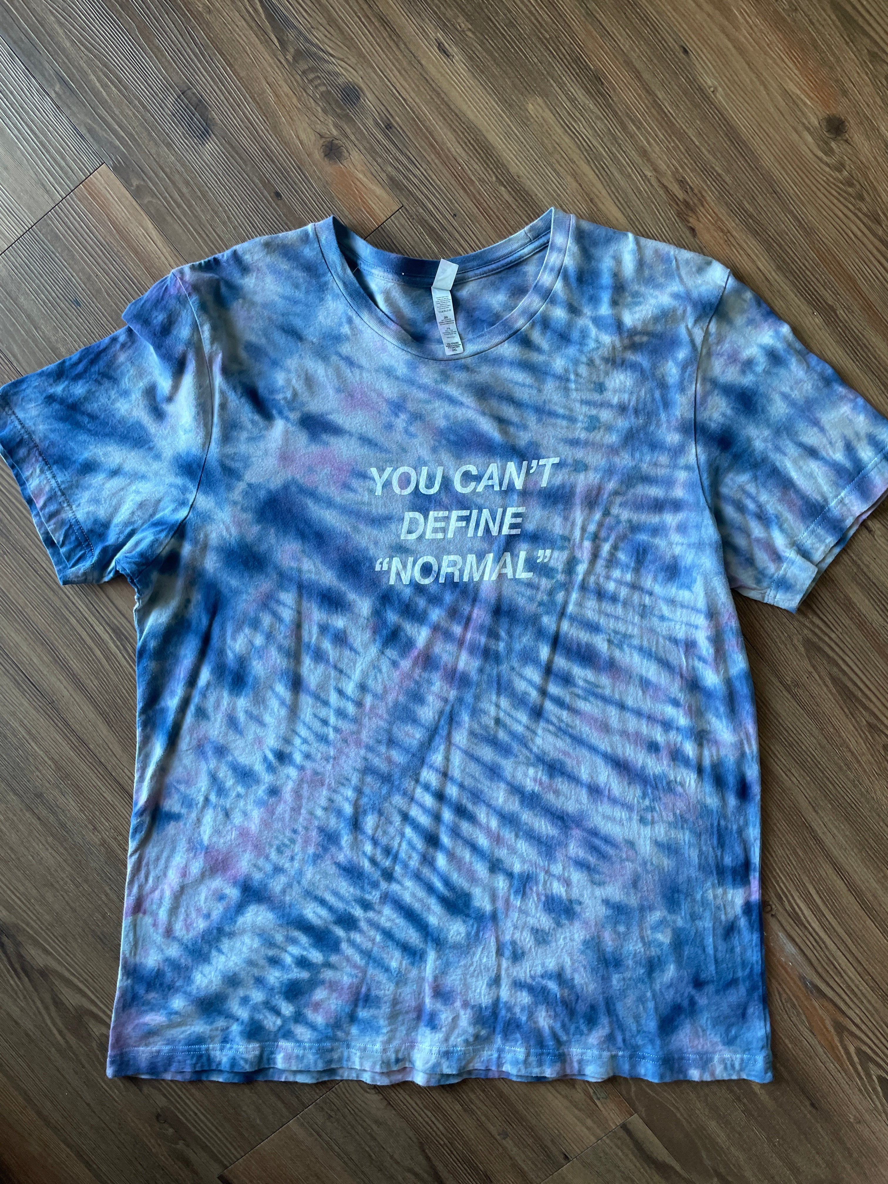 2XL Men’s You Can't Define Normal Handmade Tie Dye T-Shirt | Pastel Blue and Purple Pleated Tie Dye Short Sleeve