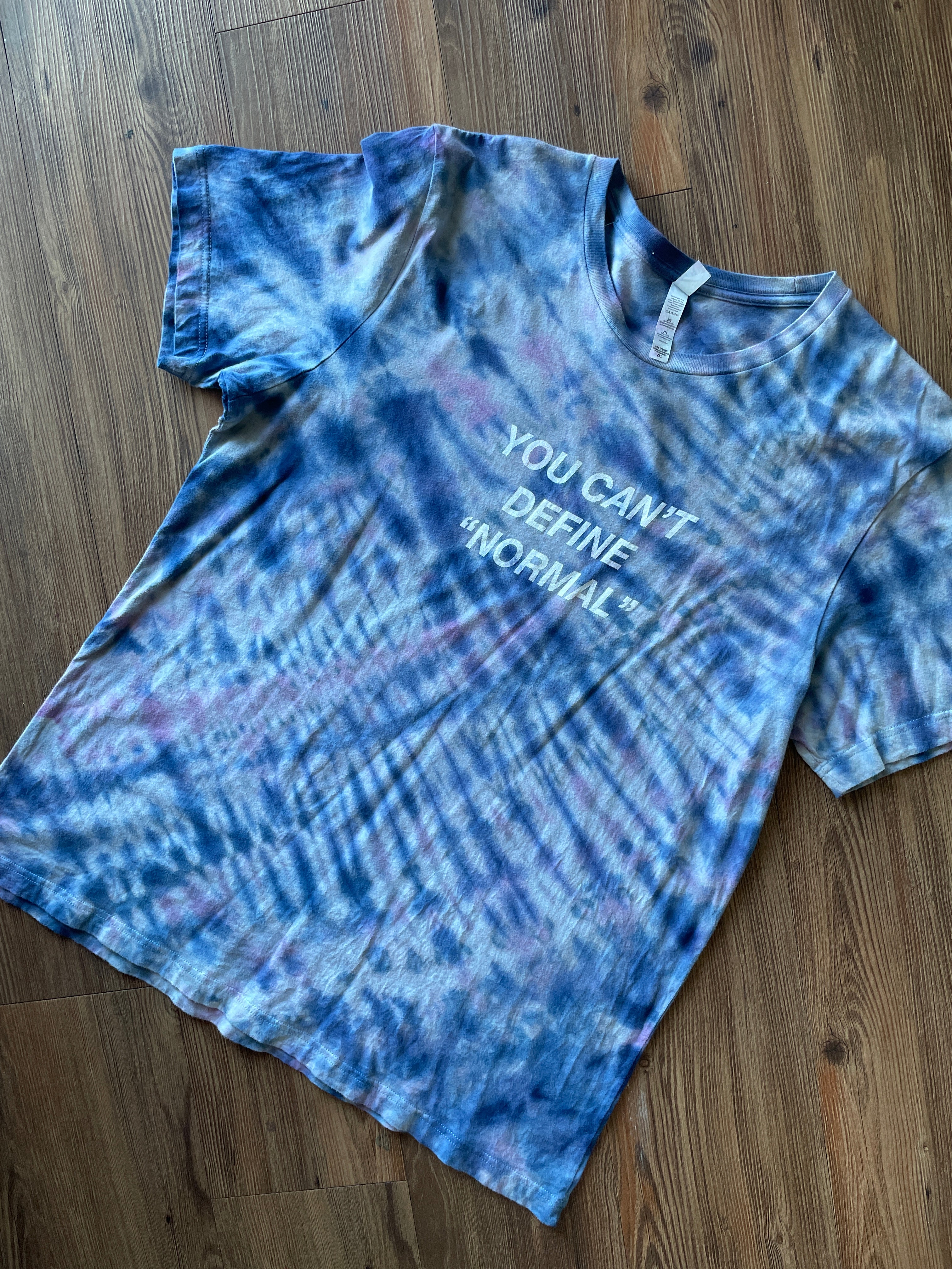 2XL Men’s You Can't Define Normal Handmade Tie Dye T-Shirt | Pastel Blue and Purple Pleated Tie Dye Short Sleeve