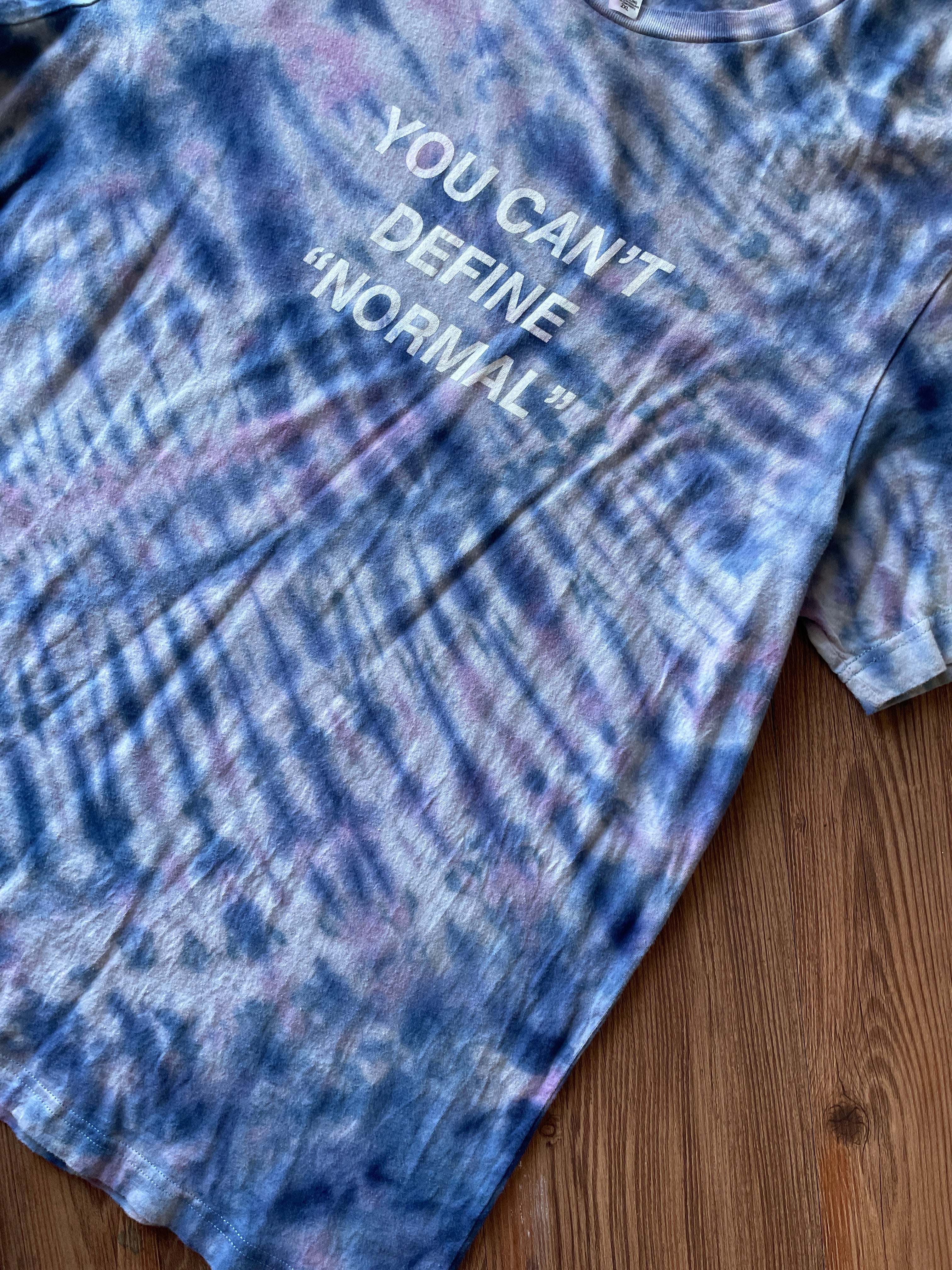 2XL Men’s You Can't Define Normal Handmade Tie Dye T-Shirt | Pastel Blue and Purple Pleated Tie Dye Short Sleeve