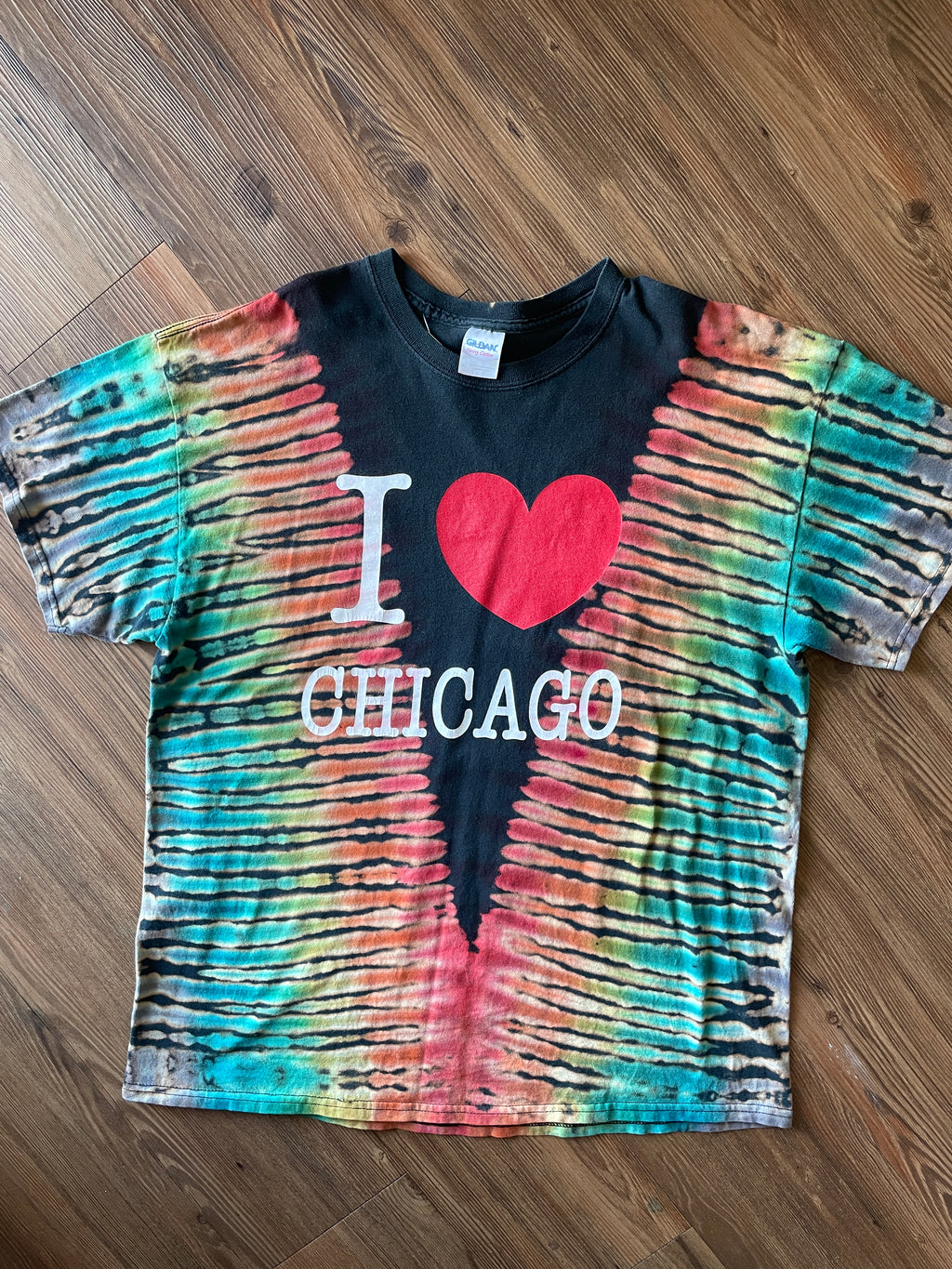XL Men’s I Heart Chicacgo Handmade Tie Dye T-Shirt | Rainbow Pleated Bleach Dye Tie Dye Short Sleeve