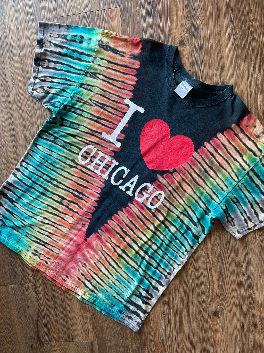 XL Men’s I Heart Chicacgo Handmade Tie Dye T-Shirt | Rainbow Pleated Bleach Dye Tie Dye Short Sleeve