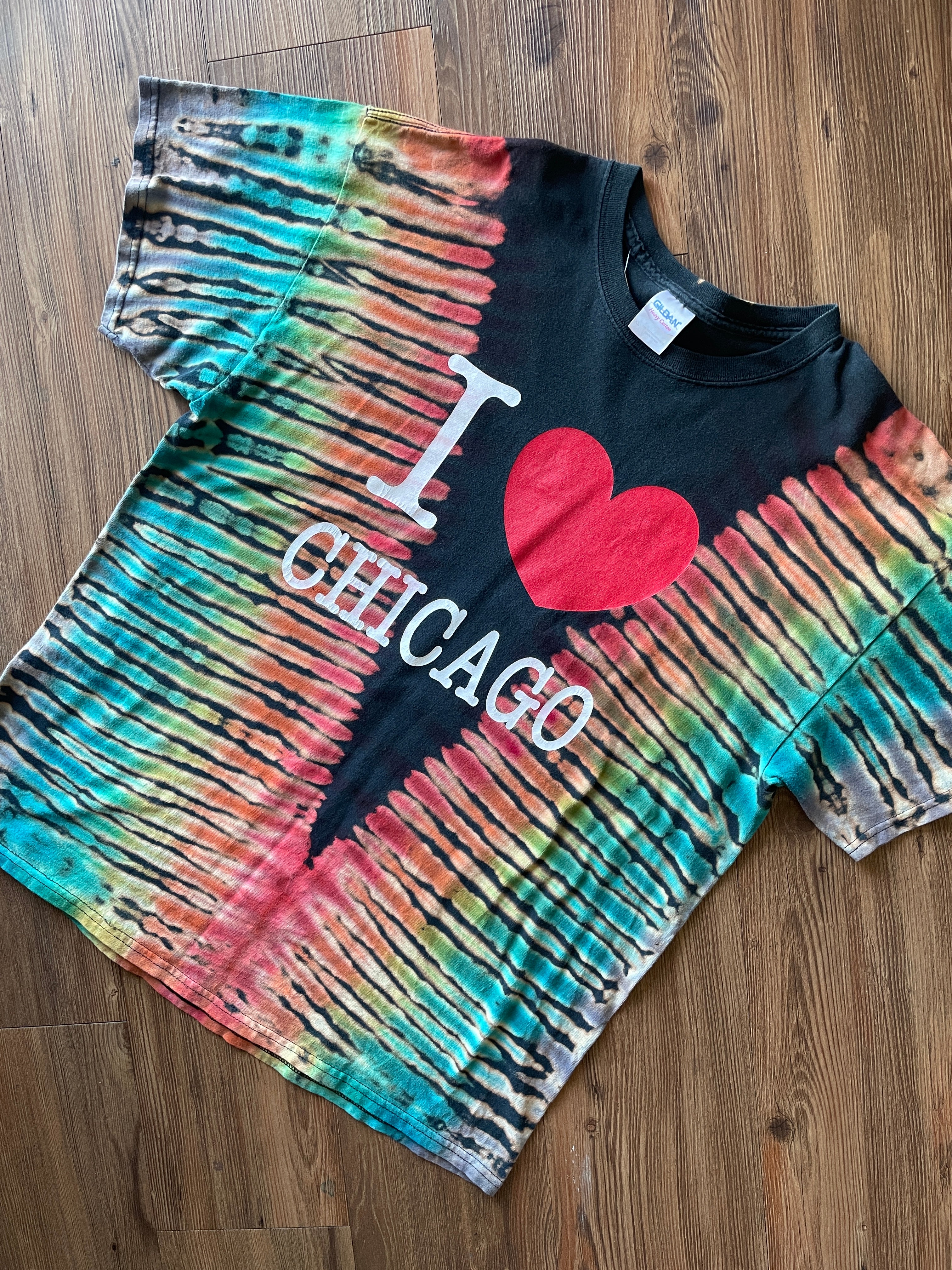 XL Men’s I Heart Chicacgo Handmade Tie Dye T-Shirt | Rainbow Pleated Bleach Dye Tie Dye Short Sleeve