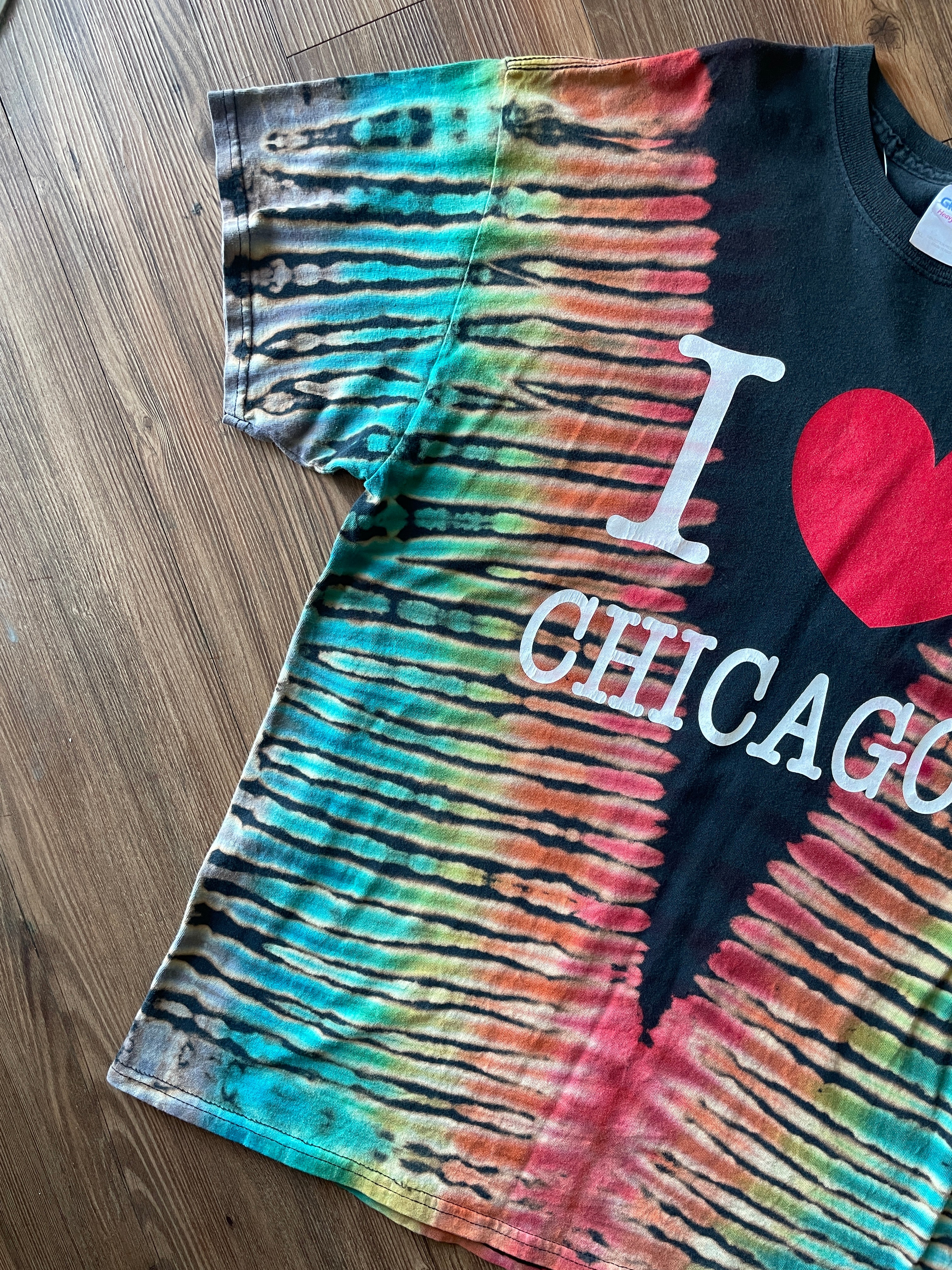 XL Men’s I Heart Chicacgo Handmade Tie Dye T-Shirt | Rainbow Pleated Bleach Dye Tie Dye Short Sleeve