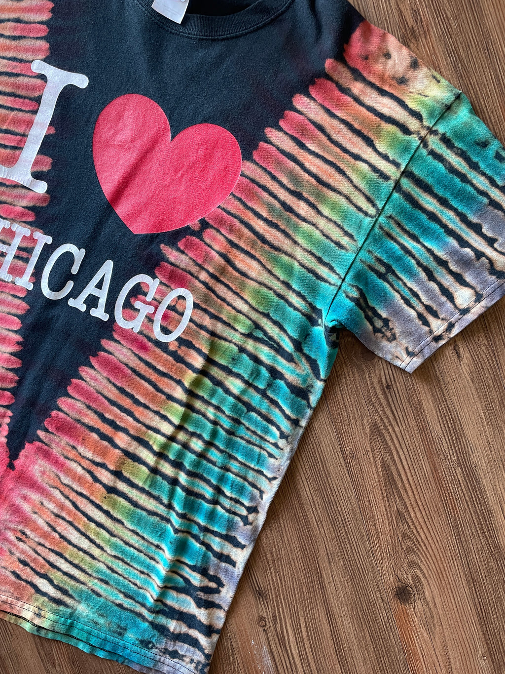 XL Men’s I Heart Chicacgo Handmade Tie Dye T-Shirt | Rainbow Pleated Bleach Dye Tie Dye Short Sleeve