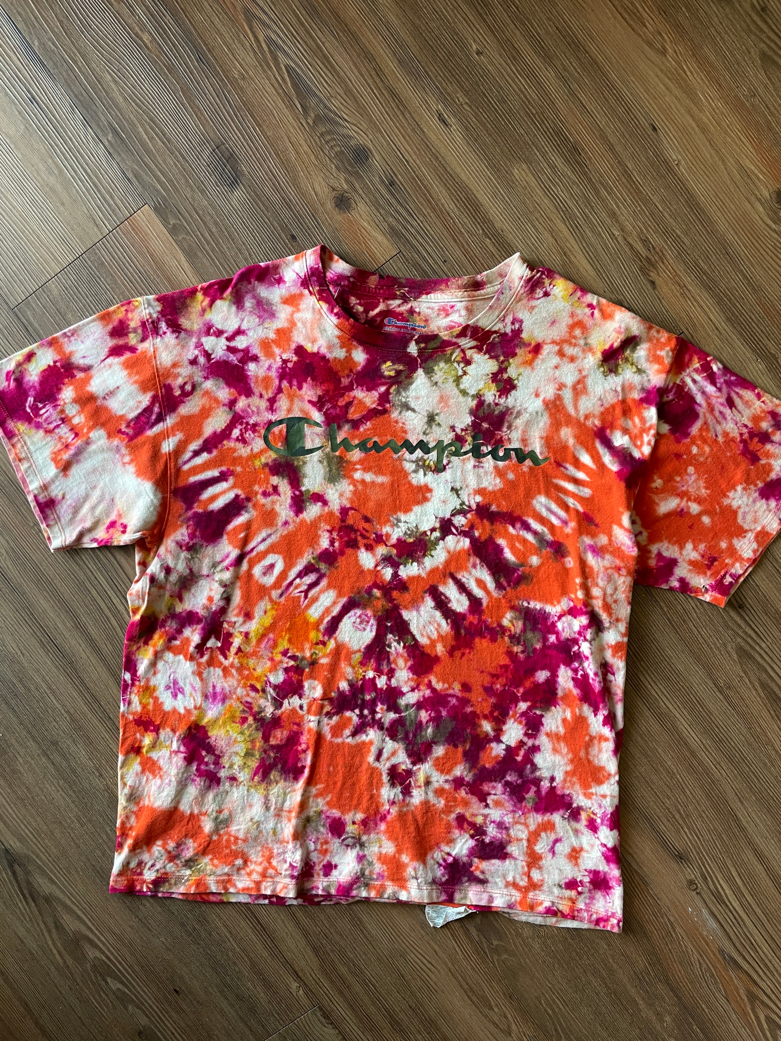 Large Champion Handmade Tie Dye T-Shirt | Orange and Earth Tones Crumpled Tie Dye Short Sleeve