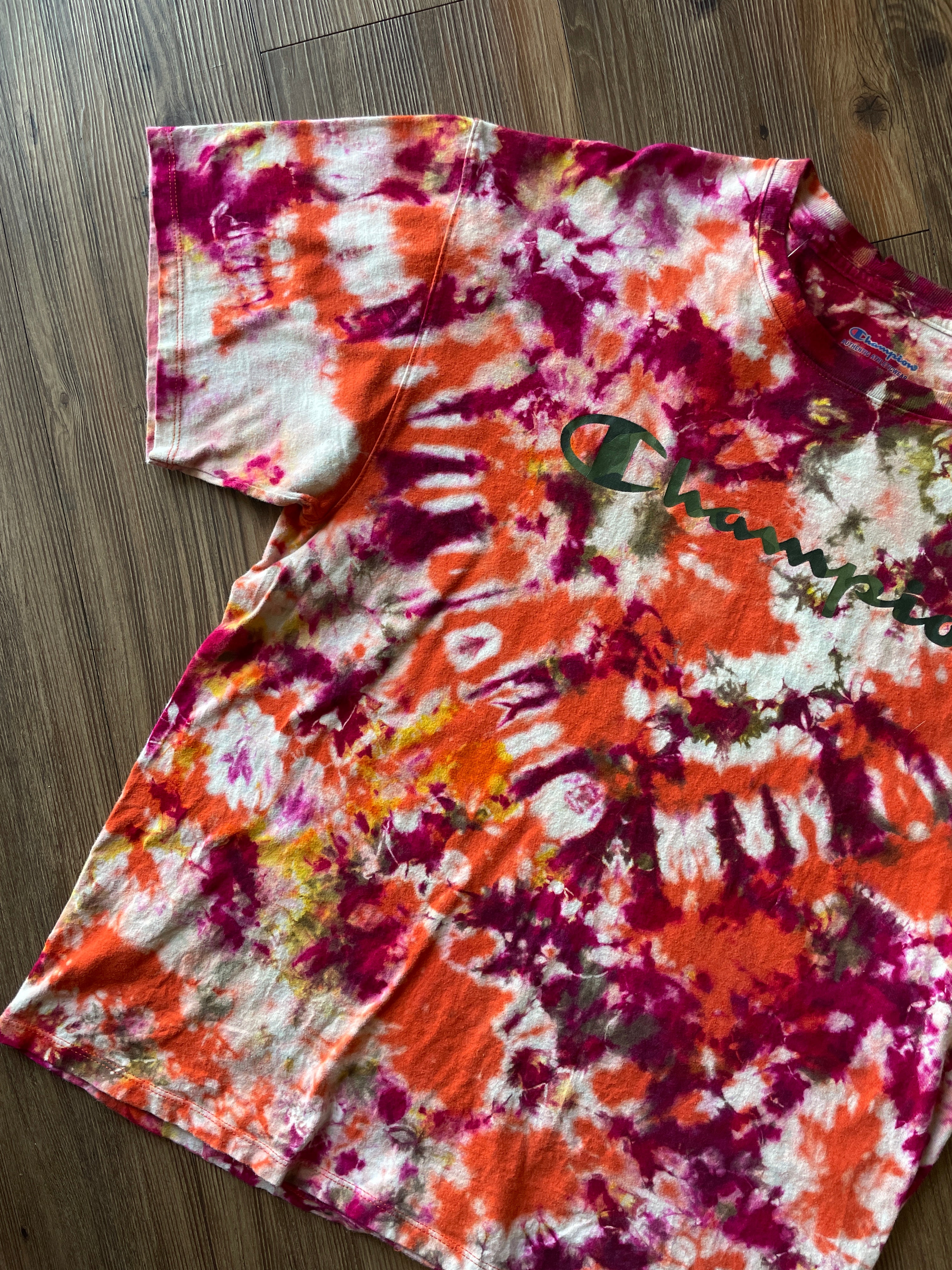 Large Champion Handmade Tie Dye T-Shirt | Orange and Earth Tones Crumpled Tie Dye Short Sleeve