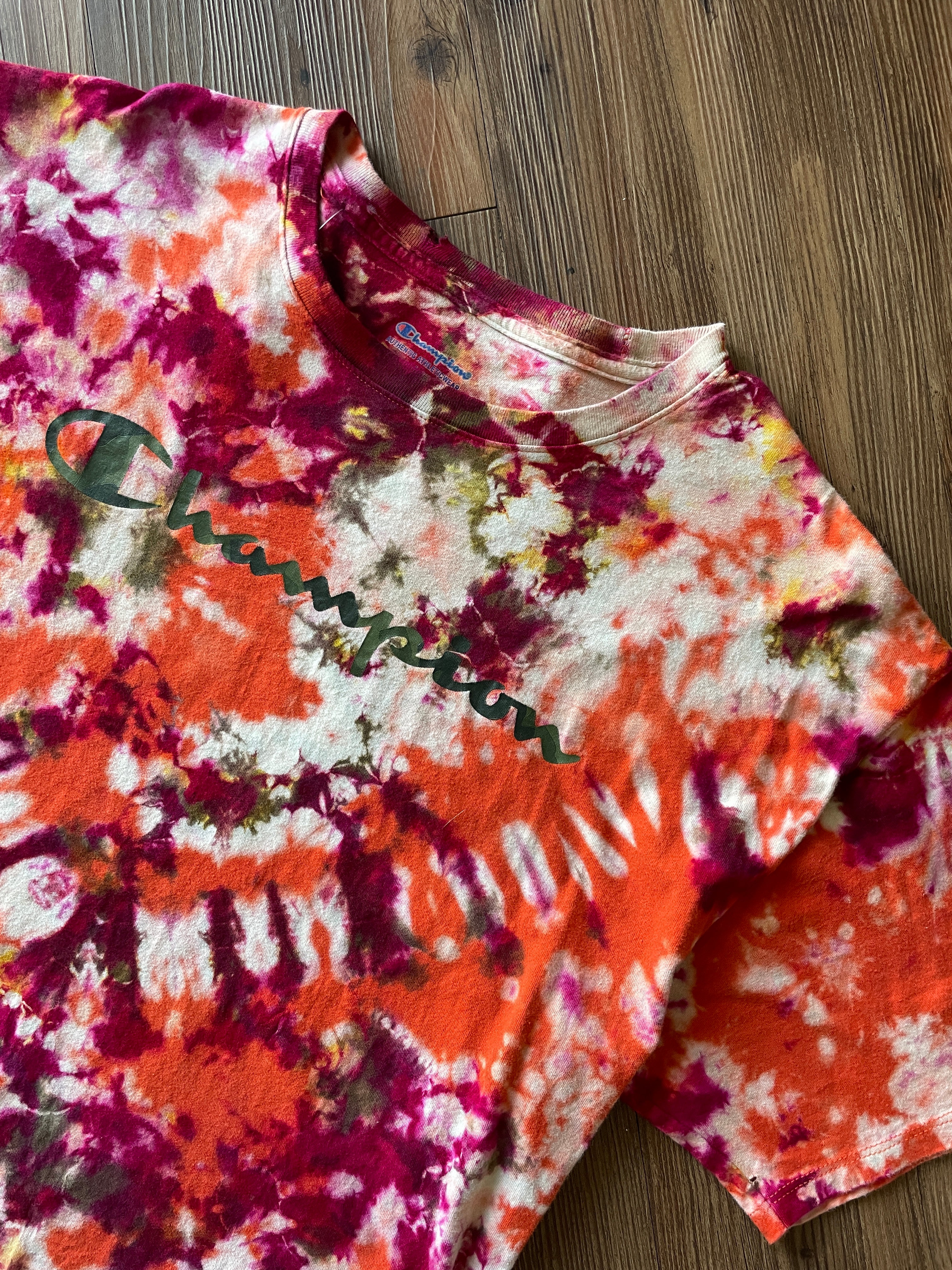 Large Champion Handmade Tie Dye T-Shirt | Orange and Earth Tones Crumpled Tie Dye Short Sleeve