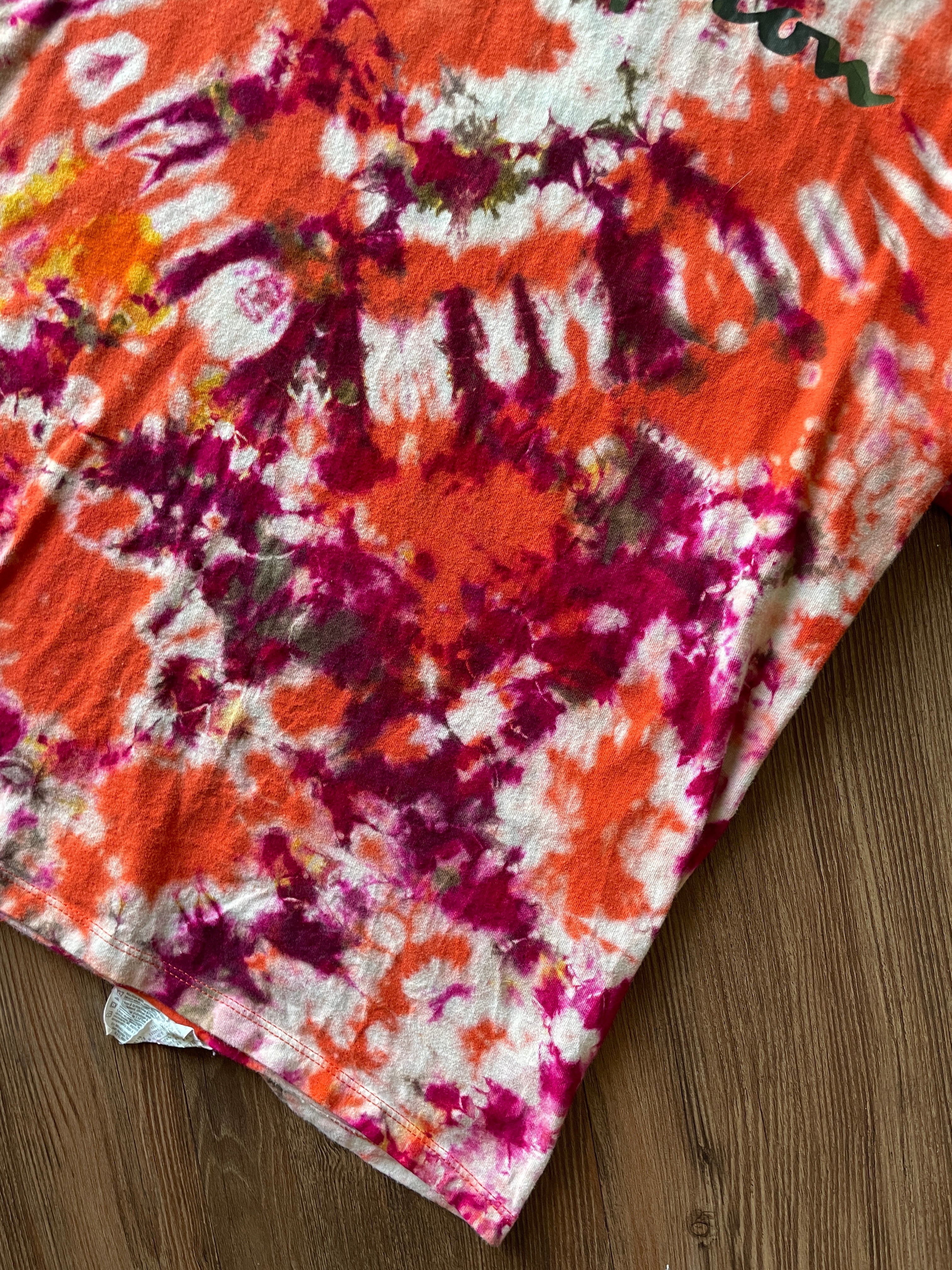 Large Champion Handmade Tie Dye T-Shirt | Orange and Earth Tones Crumpled Tie Dye Short Sleeve