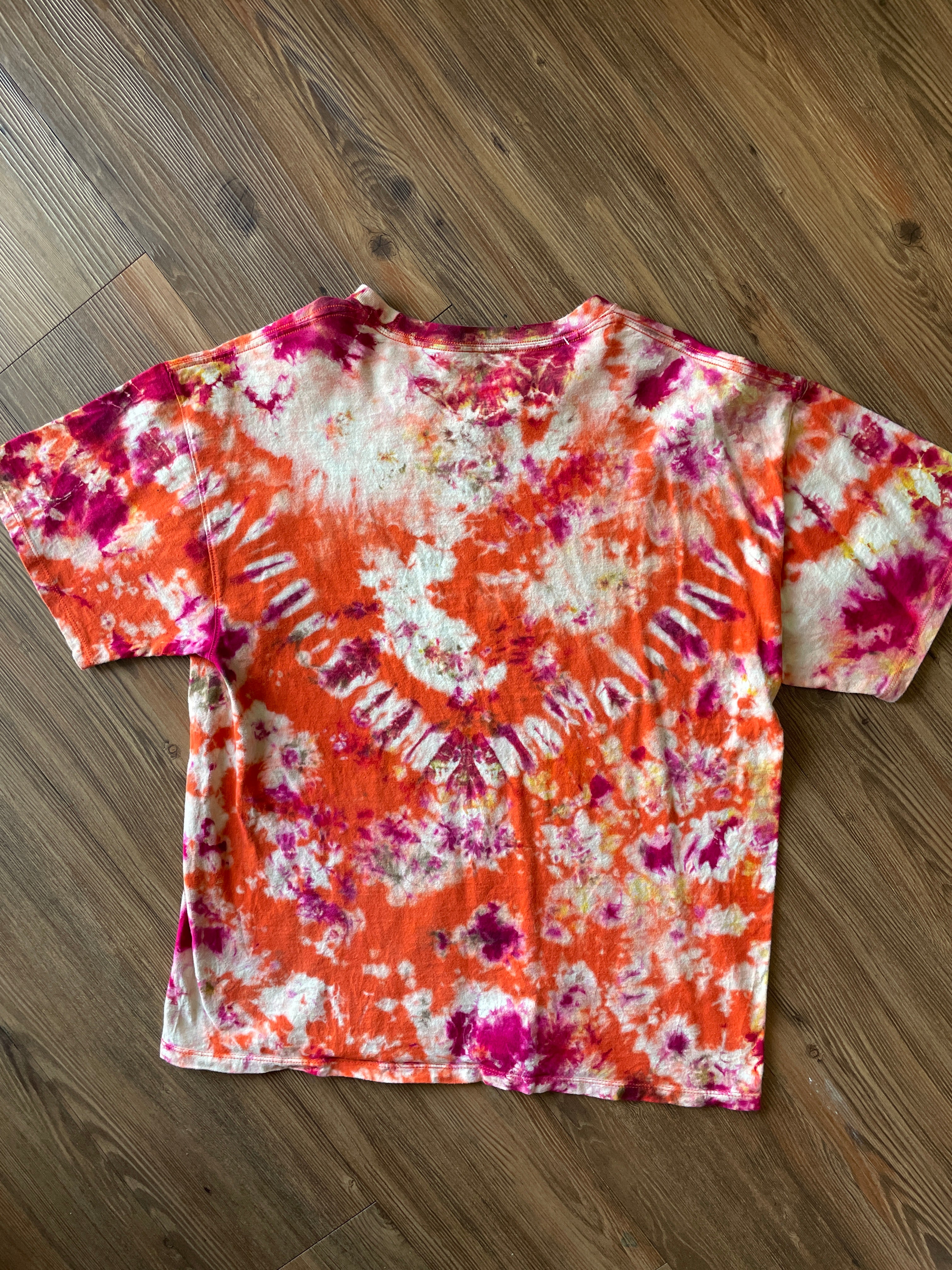 Large Champion Handmade Tie Dye T-Shirt | Orange and Earth Tones Crumpled Tie Dye Short Sleeve