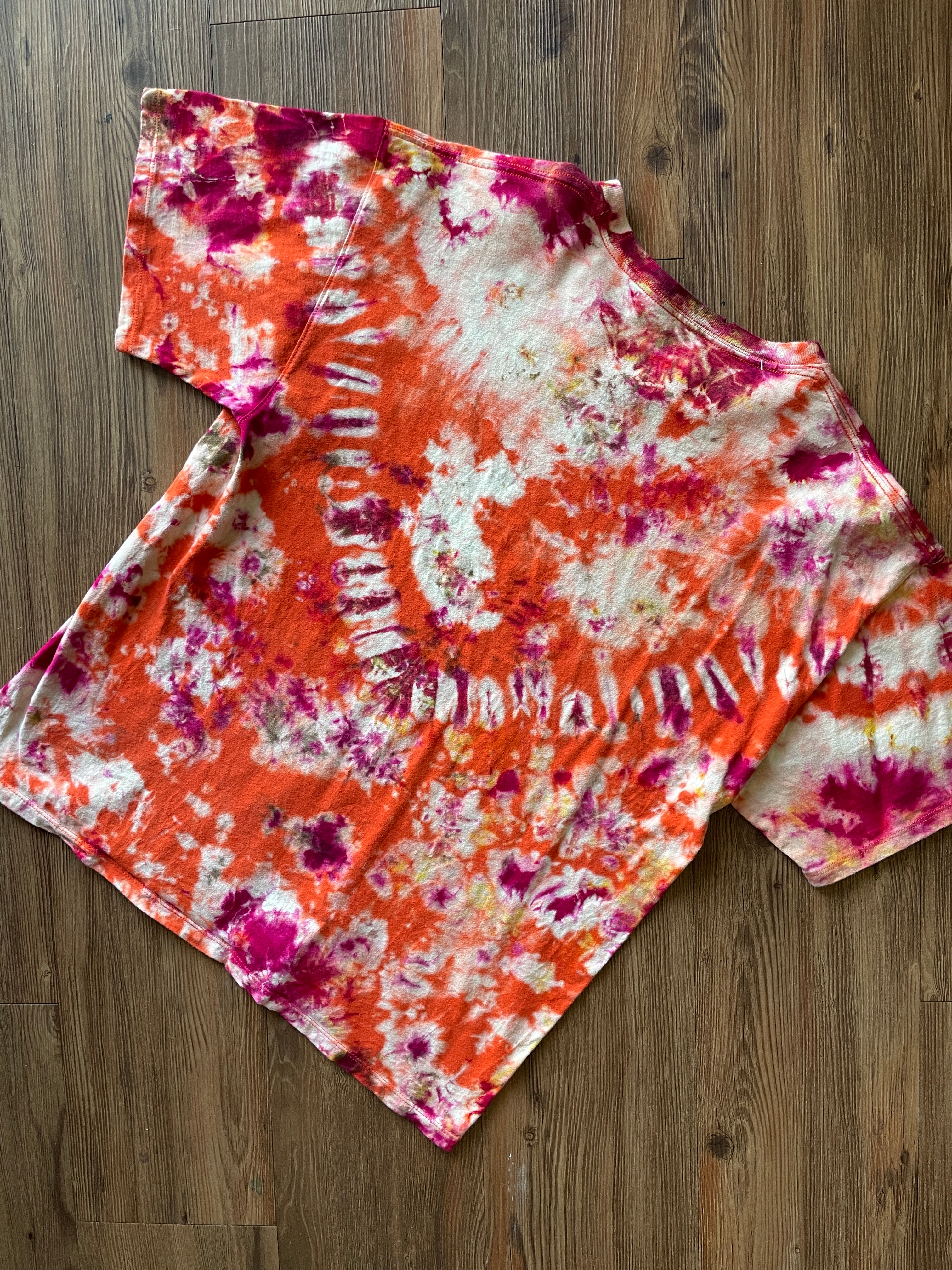 Large Champion Handmade Tie Dye T-Shirt | Orange and Earth Tones Crumpled Tie Dye Short Sleeve