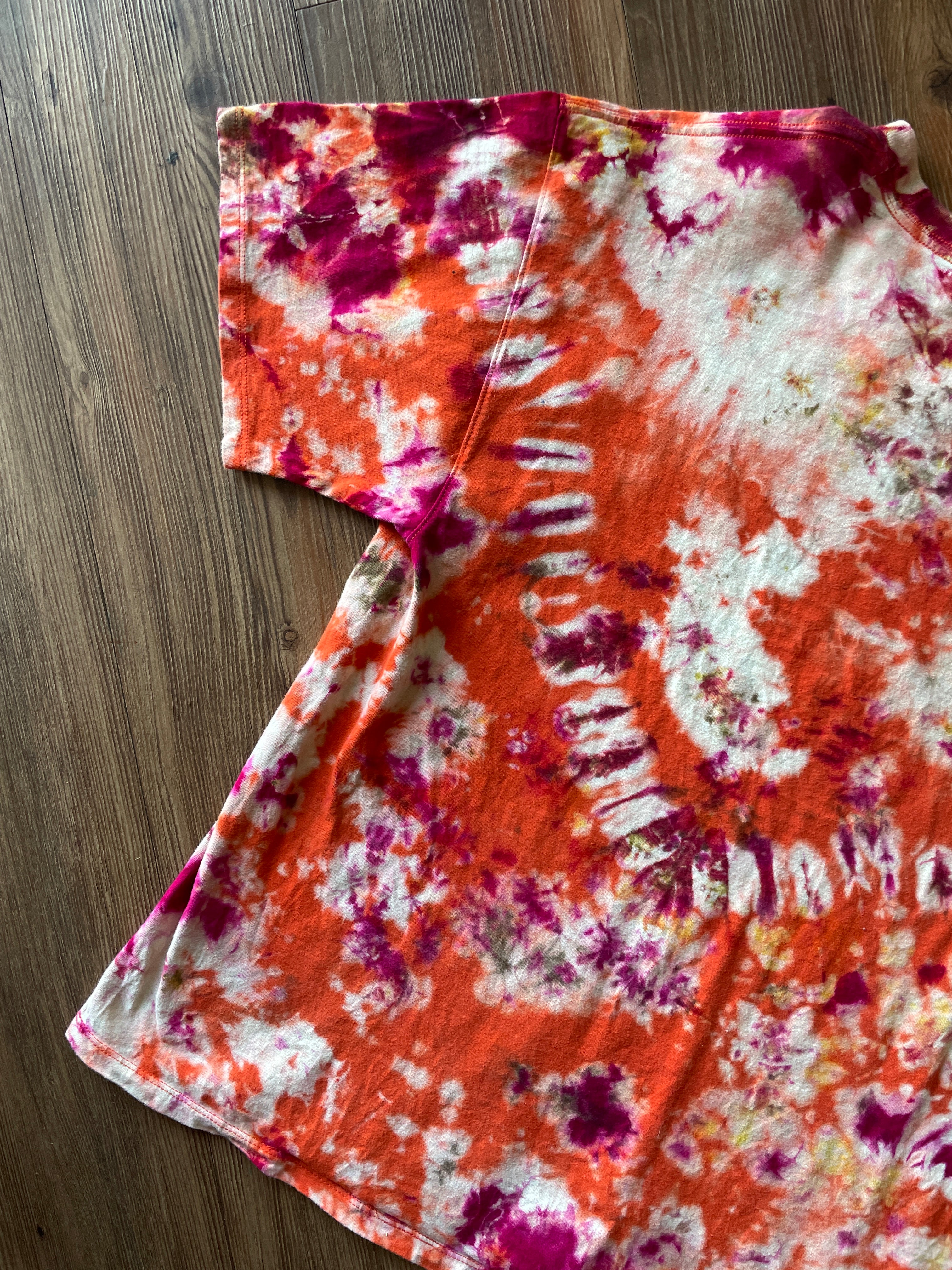 Large Champion Handmade Tie Dye T-Shirt | Orange and Earth Tones Crumpled Tie Dye Short Sleeve