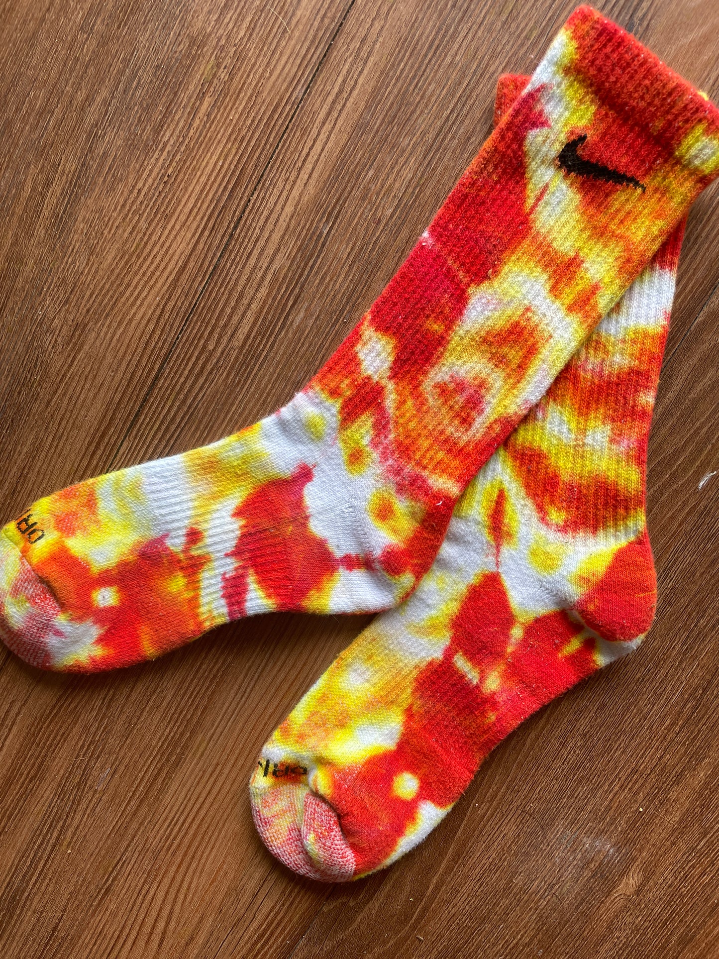 Red, Yellow, and White Tie Dye Nike Dri-FIT Training Socks - Size Medium (Men's 6-8/Women's 7-10)