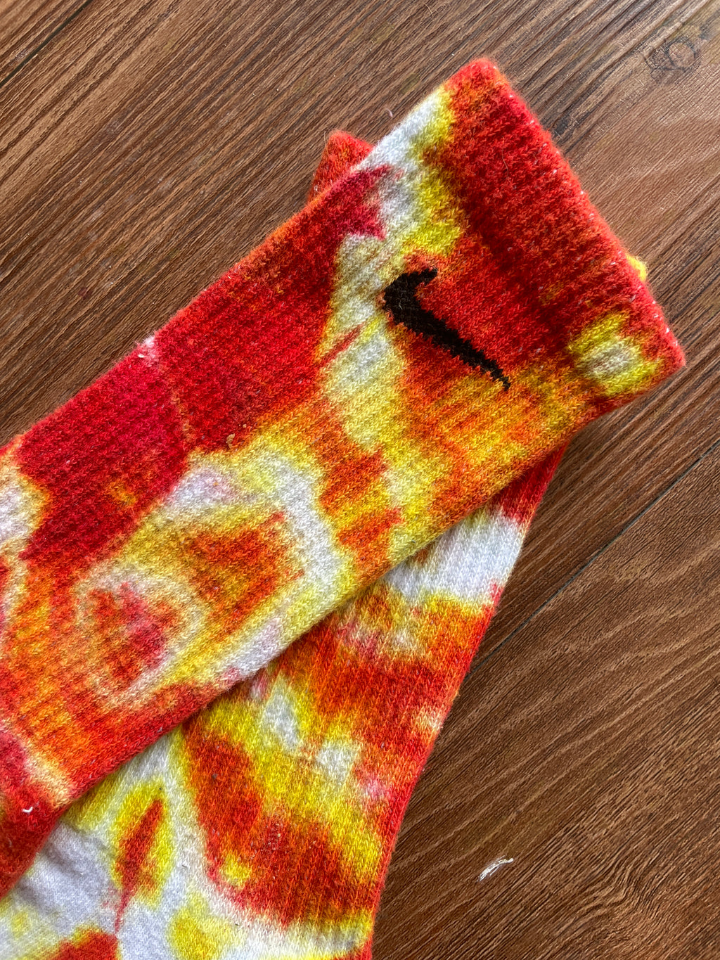 Red, Yellow, and White Tie Dye Nike Dri-FIT Training Socks - Size Medium (Men's 6-8/Women's 7-10)
