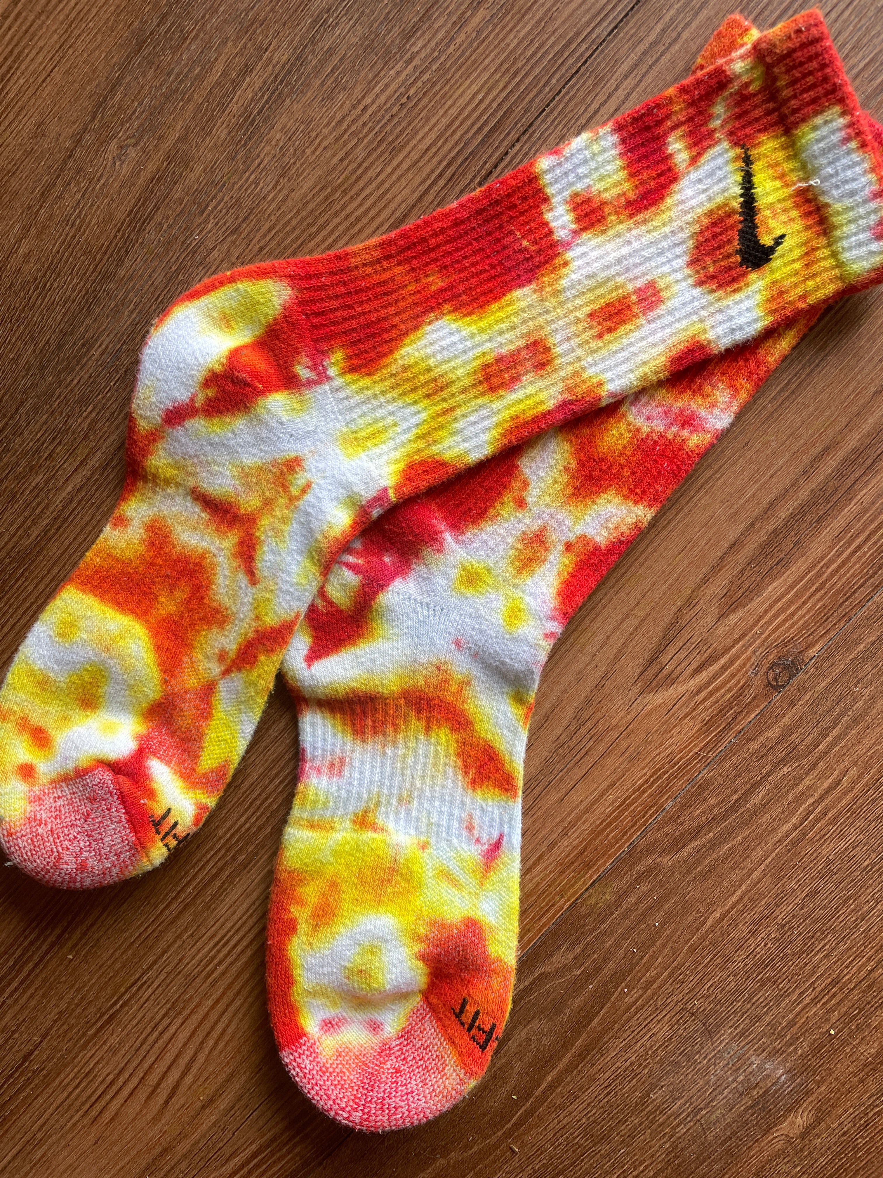 Red, Yellow, and White Tie Dye Nike Dri-FIT Training Socks - Size Medium (Men's 6-8/Women's 7-10)