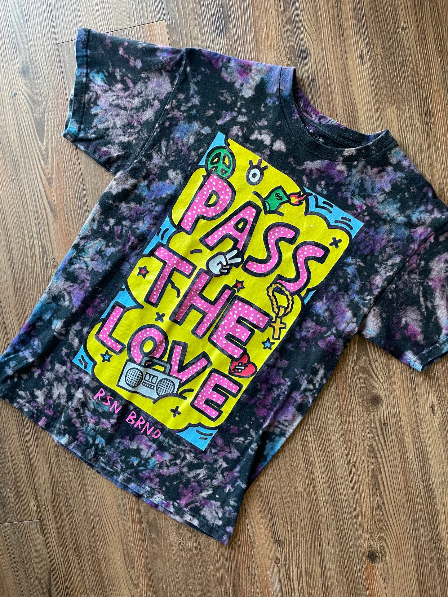 Medium Men’s Pass The Love Handmade Reverse Tie Dye T-Shirt | Black and Purple Crumpled Tie Dye Short Sleeve