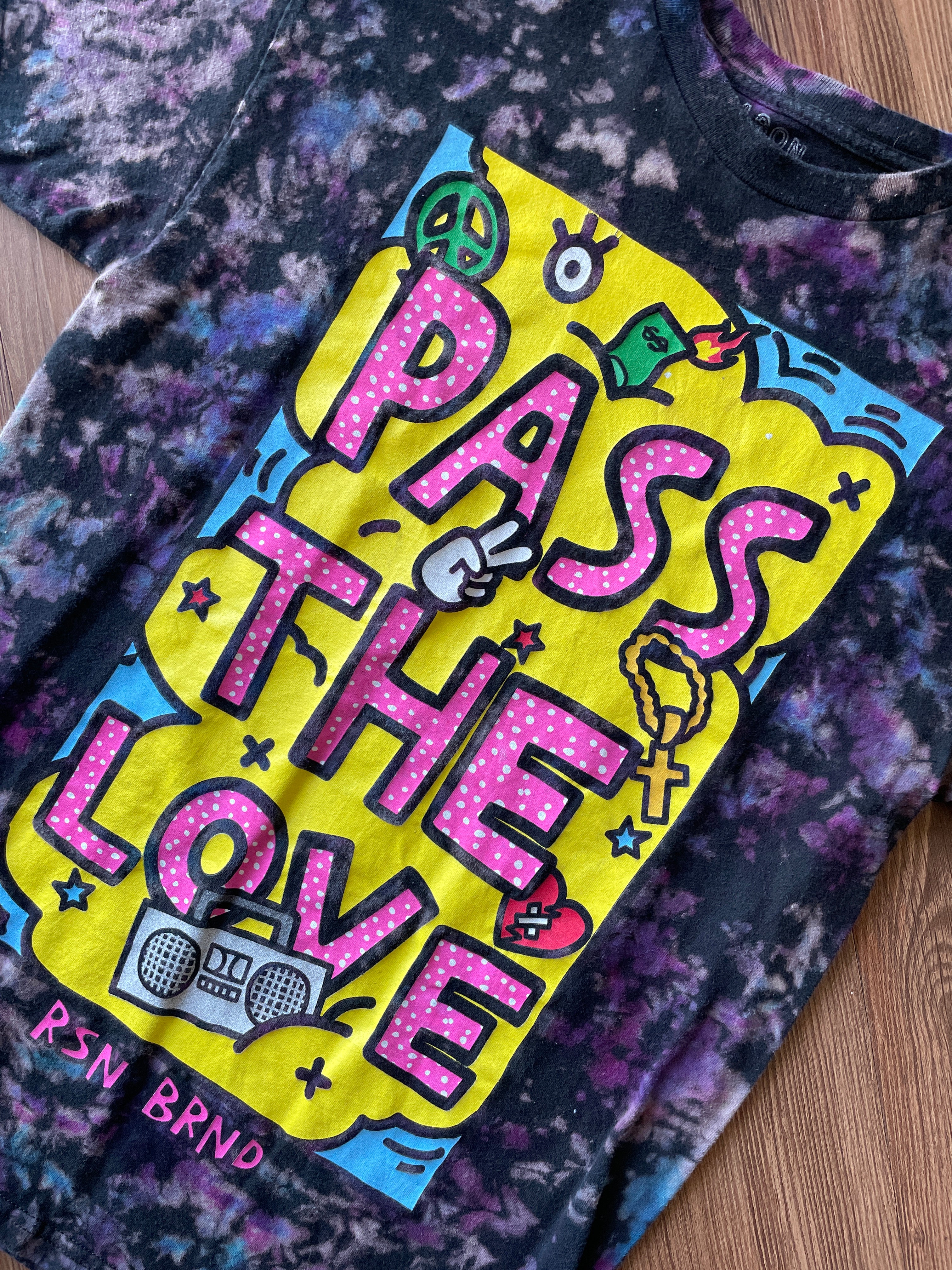 Medium Men’s Pass The Love Handmade Reverse Tie Dye T-Shirt | Black and Purple Crumpled Tie Dye Short Sleeve