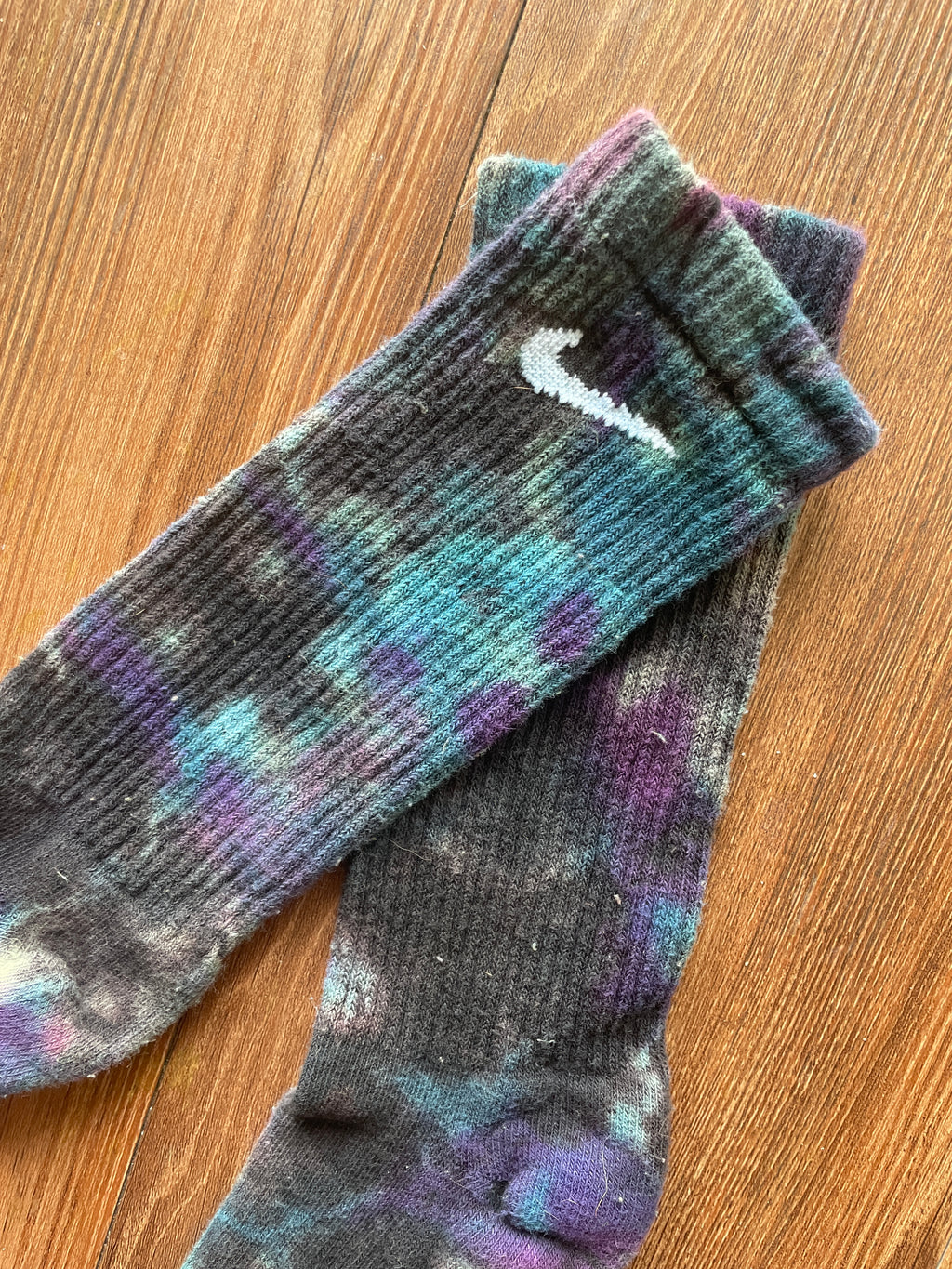 Purple, Blue, and Black Reverse Tie Dye Nike Dri-FIT Training Socks - Size Medium (Men's 6-8/Women's 7-10)