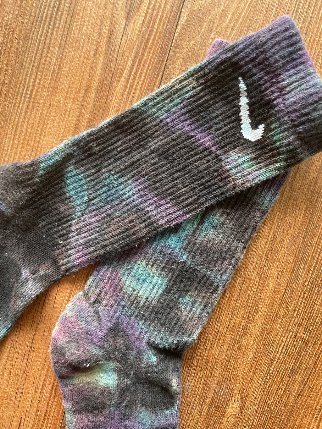 Purple, Blue, and Black Reverse Tie Dye Nike Dri-FIT Training Socks - Size Medium (Men's 6-8/Women's 7-10)
