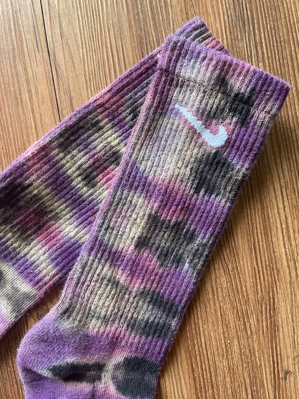 Pink, Purple, and Black Reverse Tie Dye Nike Dri-FIT Training Socks - Size Medium (Men's 6-8/Women's 7-10)