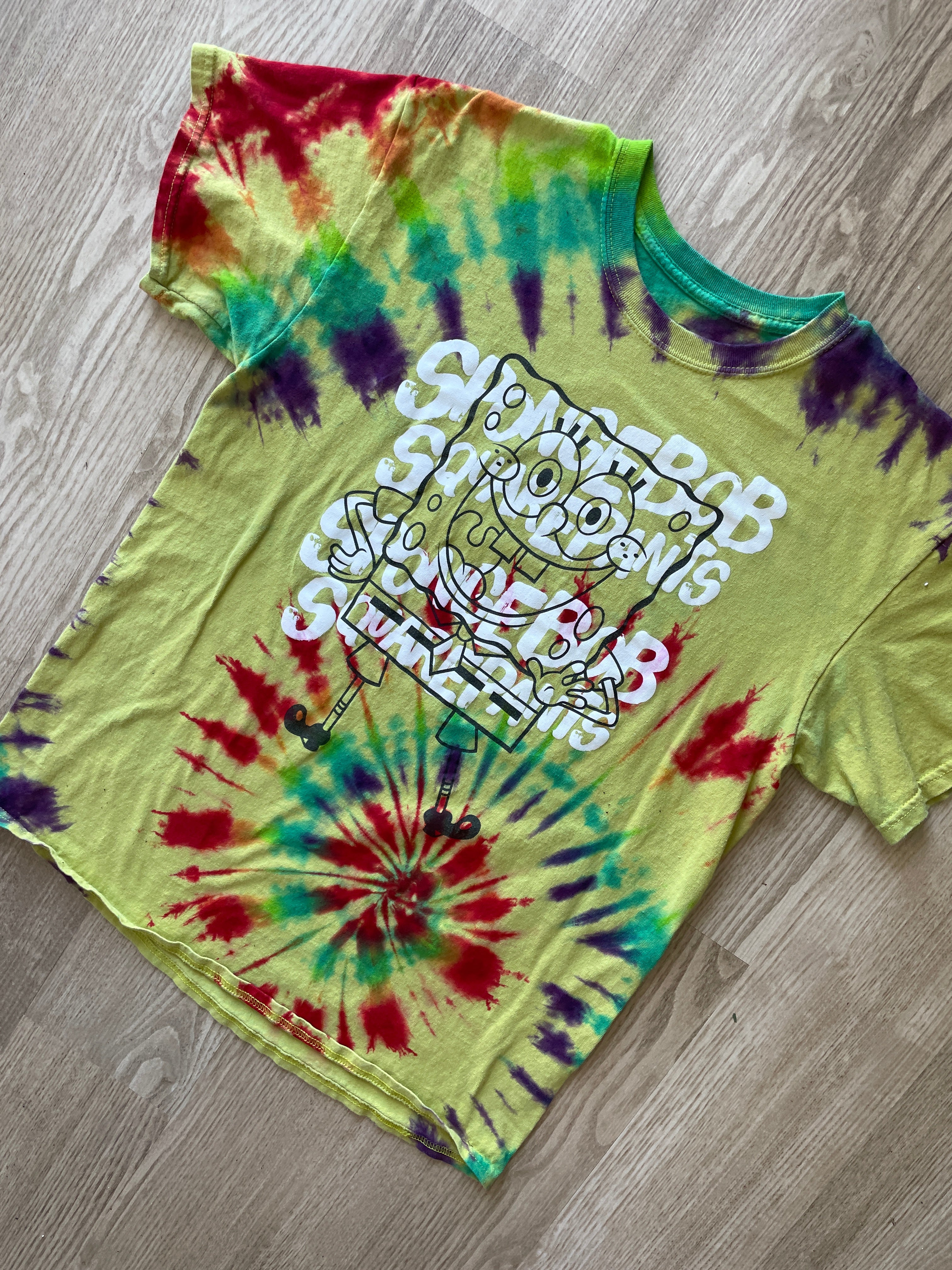 LARGE Men’s Spongebob Squarepants Handmade Tie Dye T-Shirt | One-Of-a-Kind Yellow and Rainbow Short Sleeve