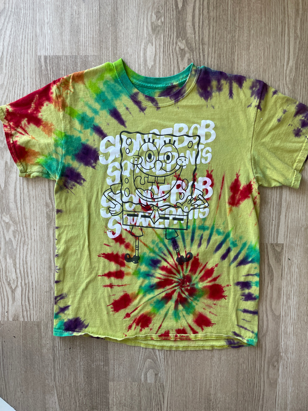 LARGE Men’s Spongebob Squarepants Handmade Tie Dye T-Shirt | One-Of-a-Kind Yellow and Rainbow Short Sleeve