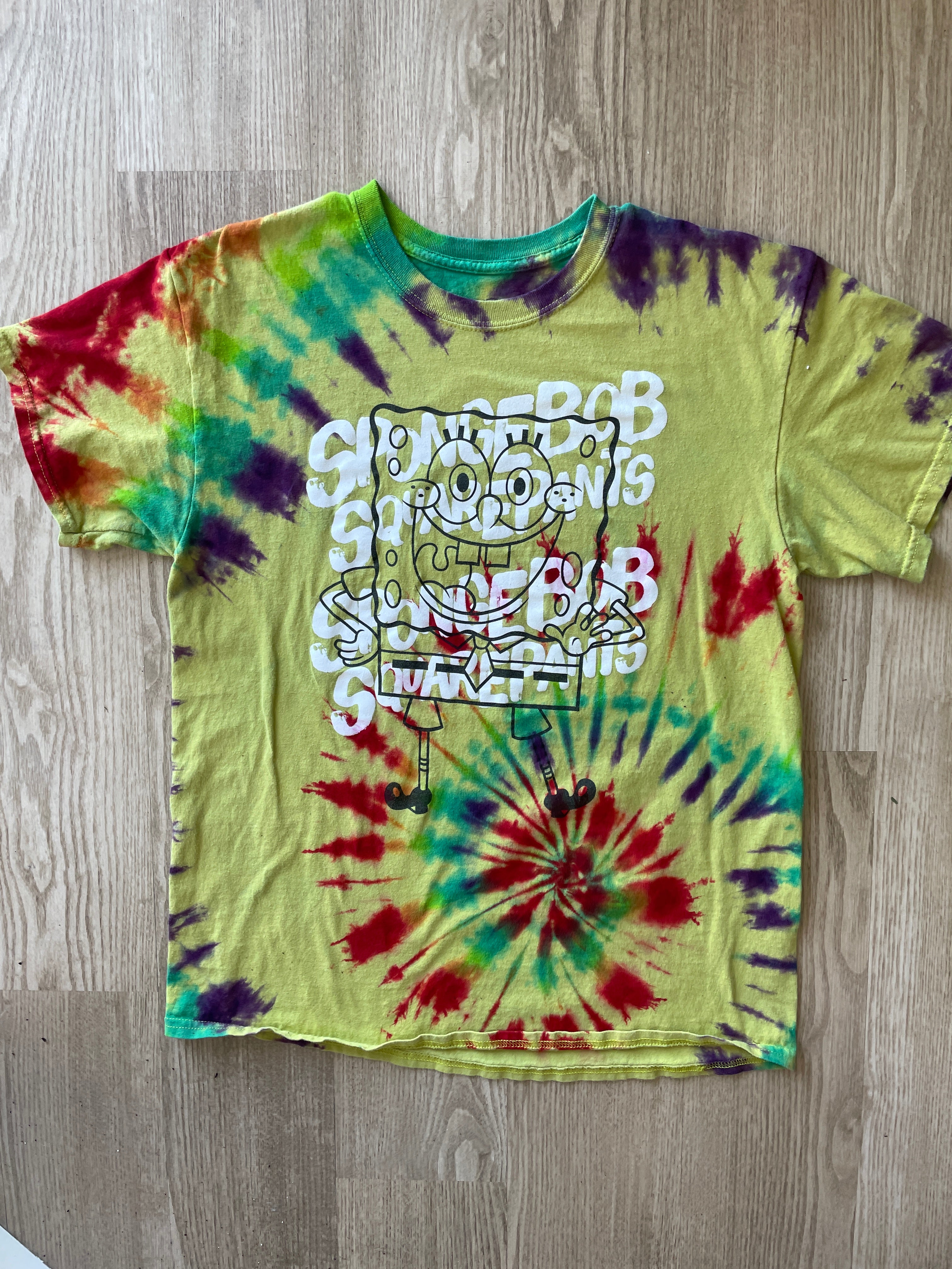 LARGE Men’s Spongebob Squarepants Handmade Tie Dye T-Shirt | One-Of-a-Kind Yellow and Rainbow Short Sleeve