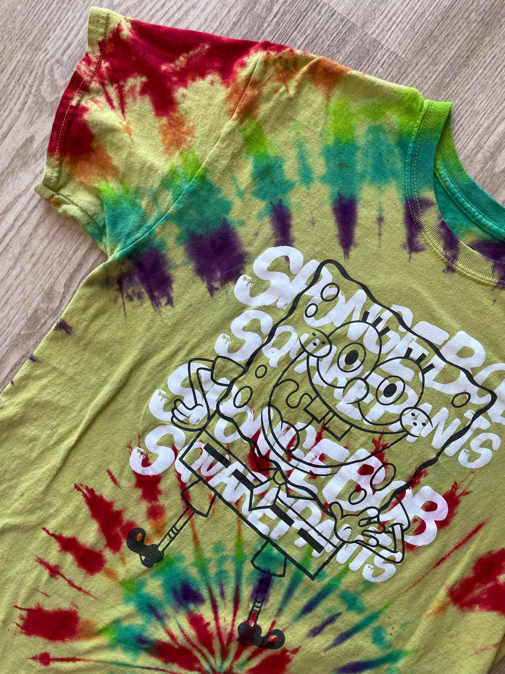 LARGE Men’s Spongebob Squarepants Handmade Tie Dye T-Shirt | One-Of-a-Kind Yellow and Rainbow Short Sleeve
