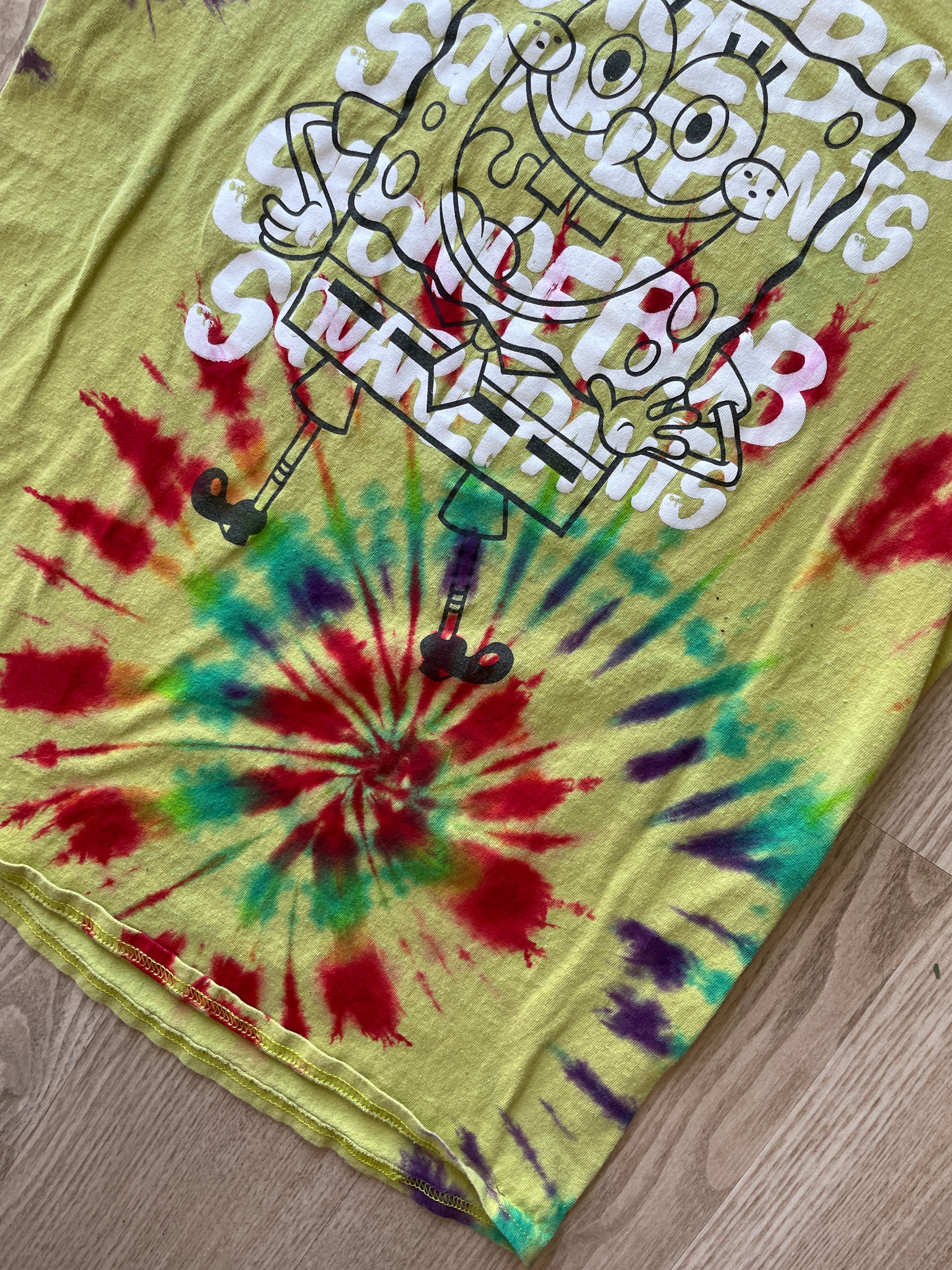 LARGE Men’s Spongebob Squarepants Handmade Tie Dye T-Shirt | One-Of-a-Kind Yellow and Rainbow Short Sleeve
