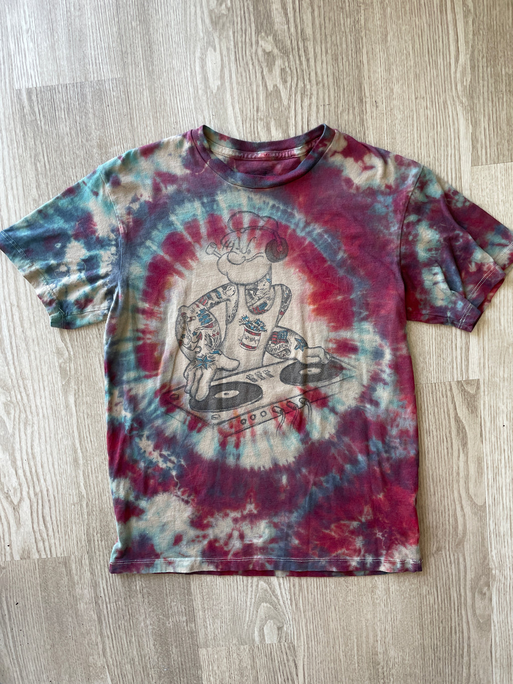 MEDIUM Men’s DJ Popeye Handmade Tie Dye T-Shirt | One-Of-a-Kind Red and Blue Short Sleeve