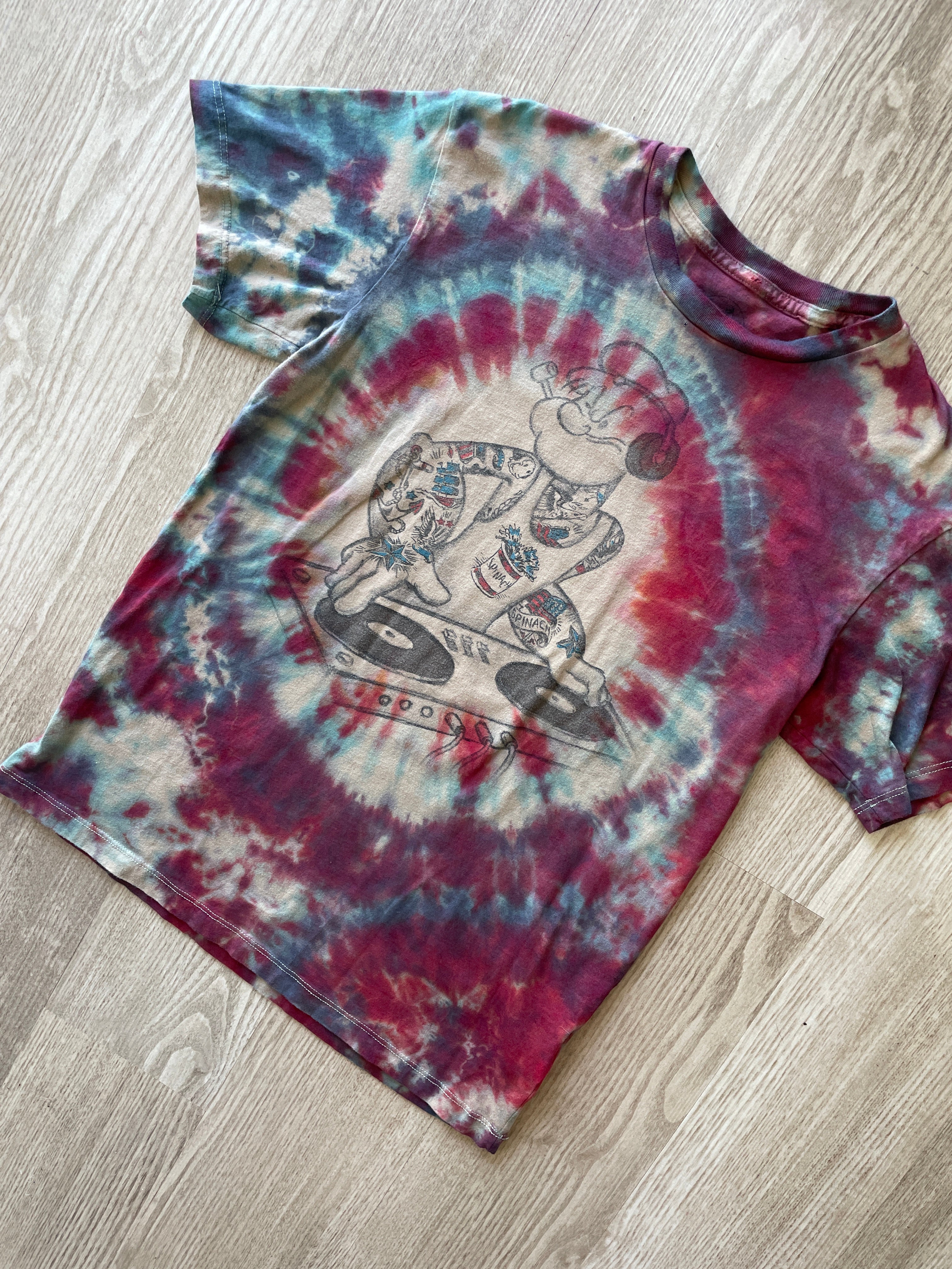 MEDIUM Men’s DJ Popeye Handmade Tie Dye T-Shirt | One-Of-a-Kind Red and Blue Short Sleeve