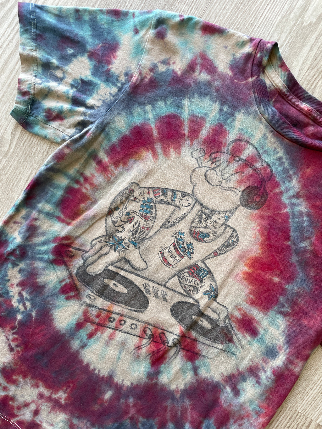 MEDIUM Men’s DJ Popeye Handmade Tie Dye T-Shirt | One-Of-a-Kind Red and Blue Short Sleeve