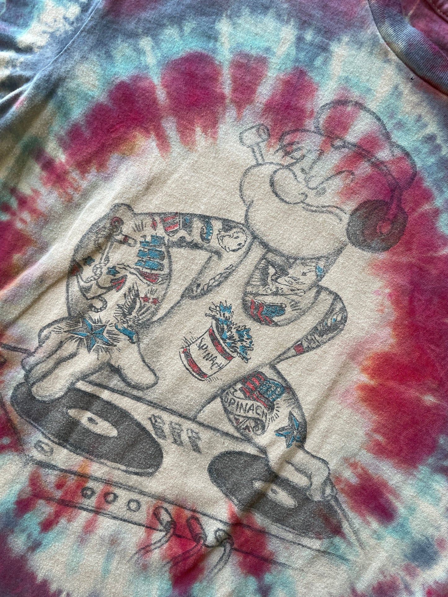 MEDIUM Men’s DJ Popeye Handmade Tie Dye T-Shirt | One-Of-a-Kind Red and Blue Short Sleeve