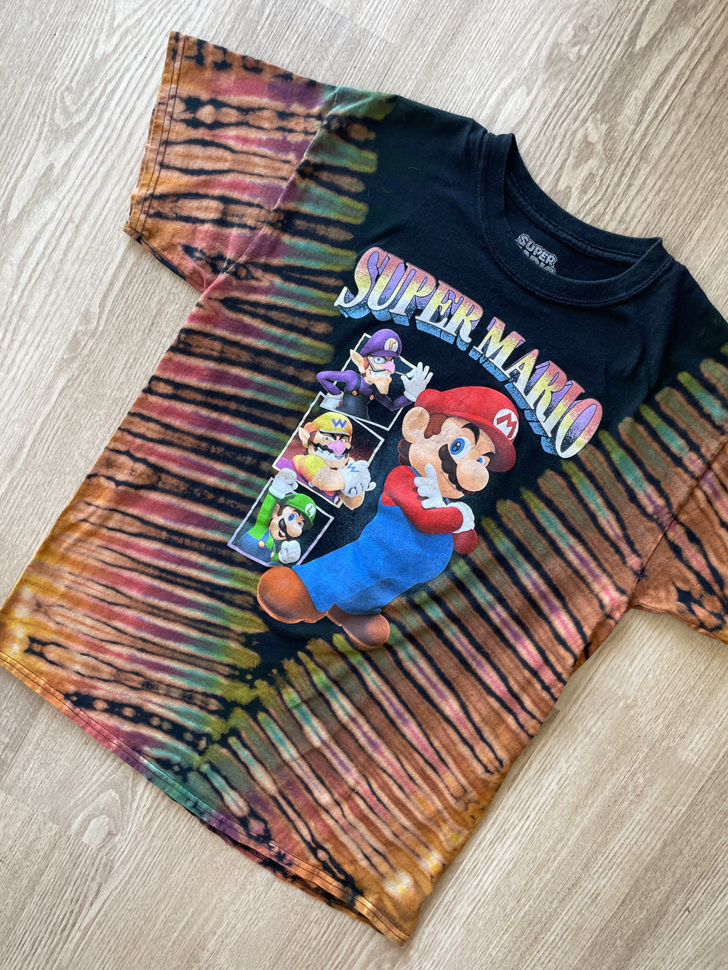 LARGE Men’s Super Mario Handmade Reverse Tie Dye T-Shirt | One-Of-a-Kind Black and Rainbow Pleated Short Sleeve