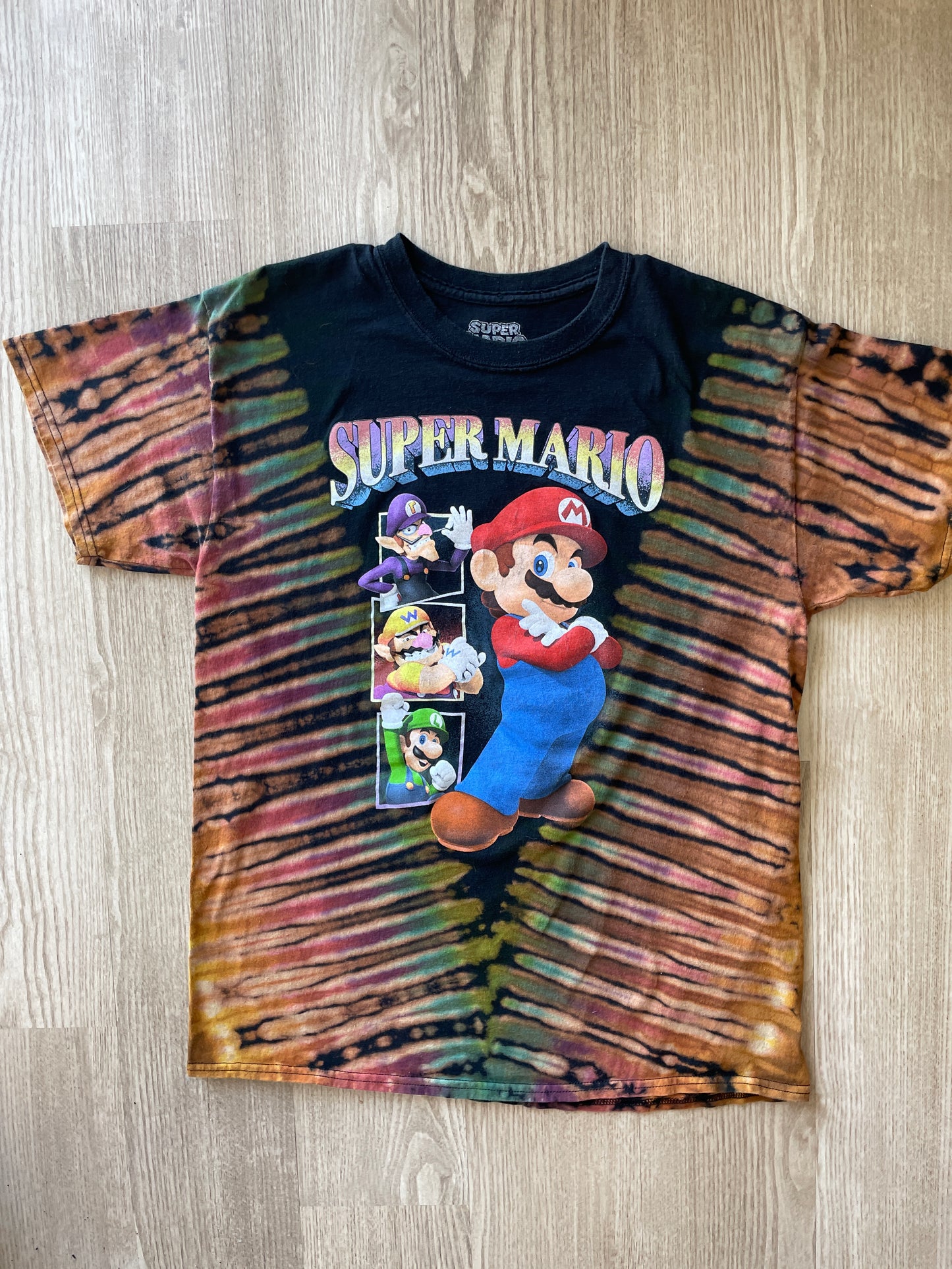 LARGE Men’s Super Mario Handmade Reverse Tie Dye T-Shirt | One-Of-a-Kind Black and Rainbow Pleated Short Sleeve