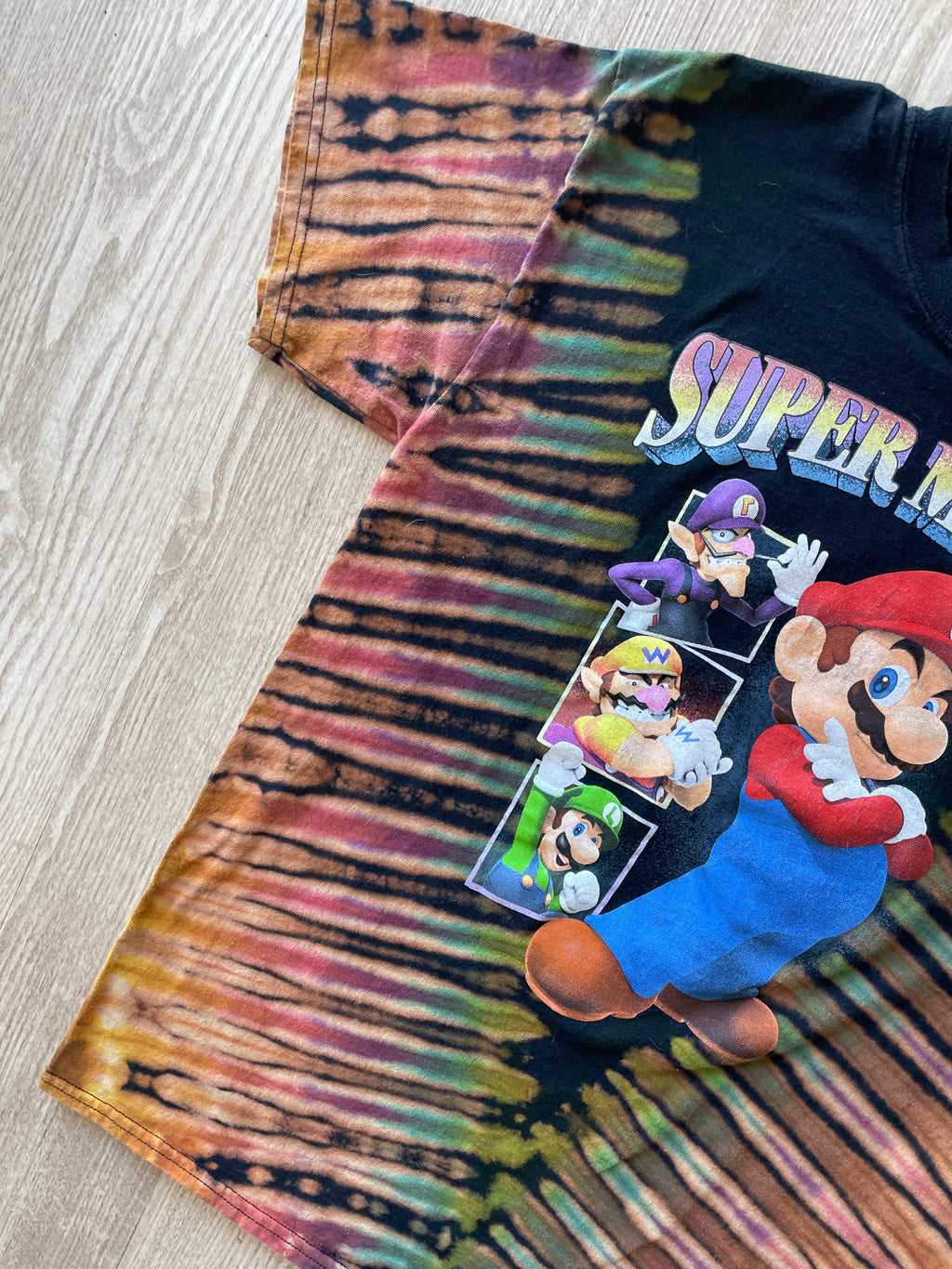 LARGE Men’s Super Mario Handmade Reverse Tie Dye T-Shirt | One-Of-a-Kind Black and Rainbow Pleated Short Sleeve