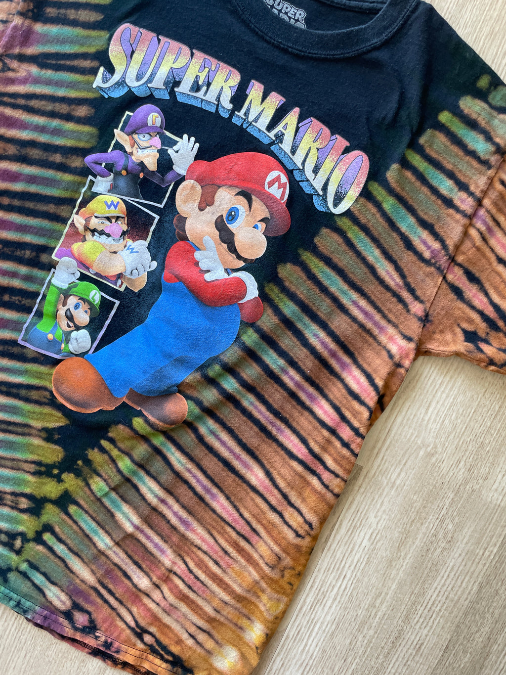 LARGE Men’s Super Mario Handmade Reverse Tie Dye T-Shirt | One-Of-a-Kind Black and Rainbow Pleated Short Sleeve