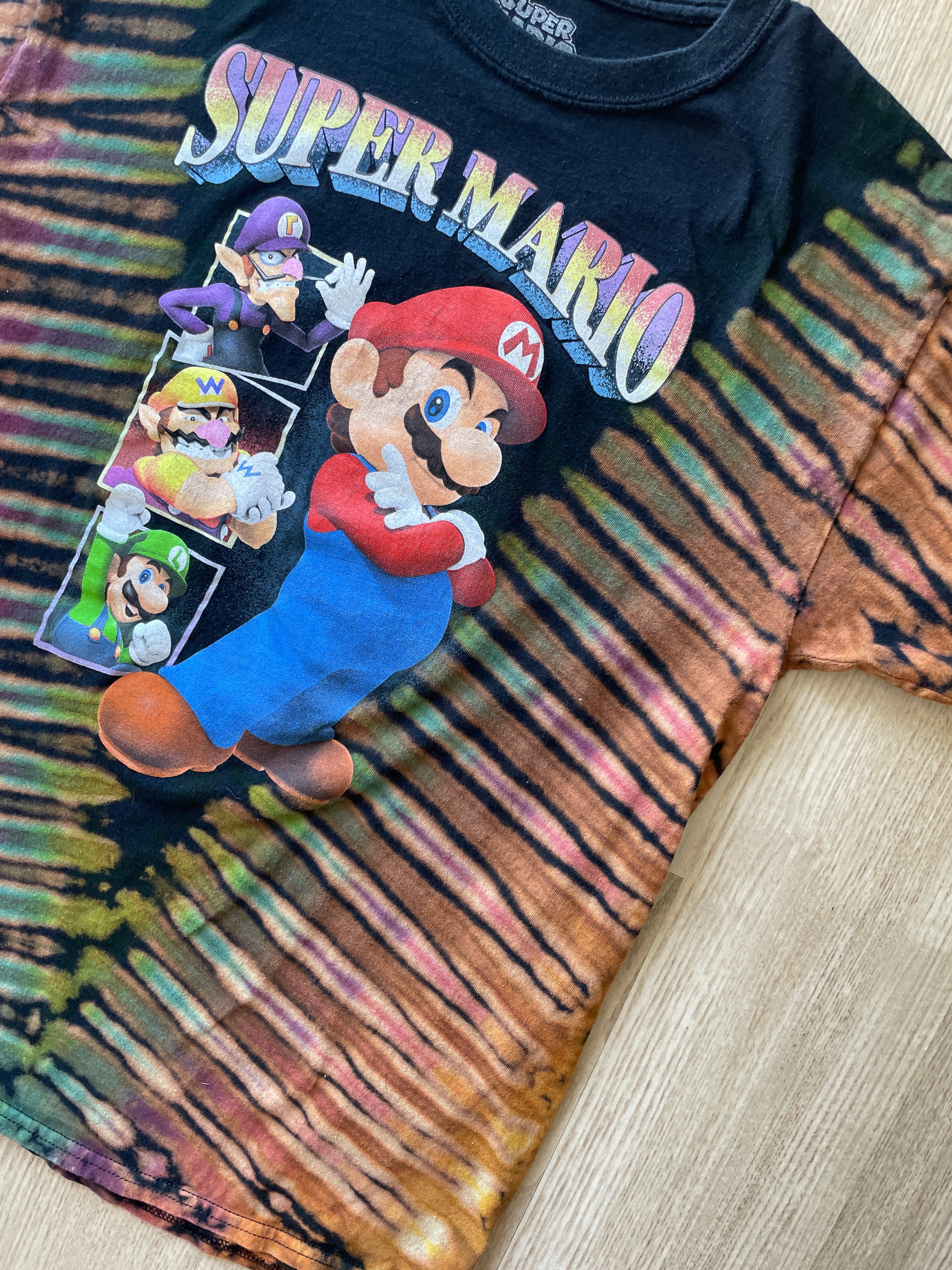 LARGE Men’s Super Mario Handmade Reverse Tie Dye T-Shirt | One-Of-a-Kind Black and Rainbow Pleated Short Sleeve