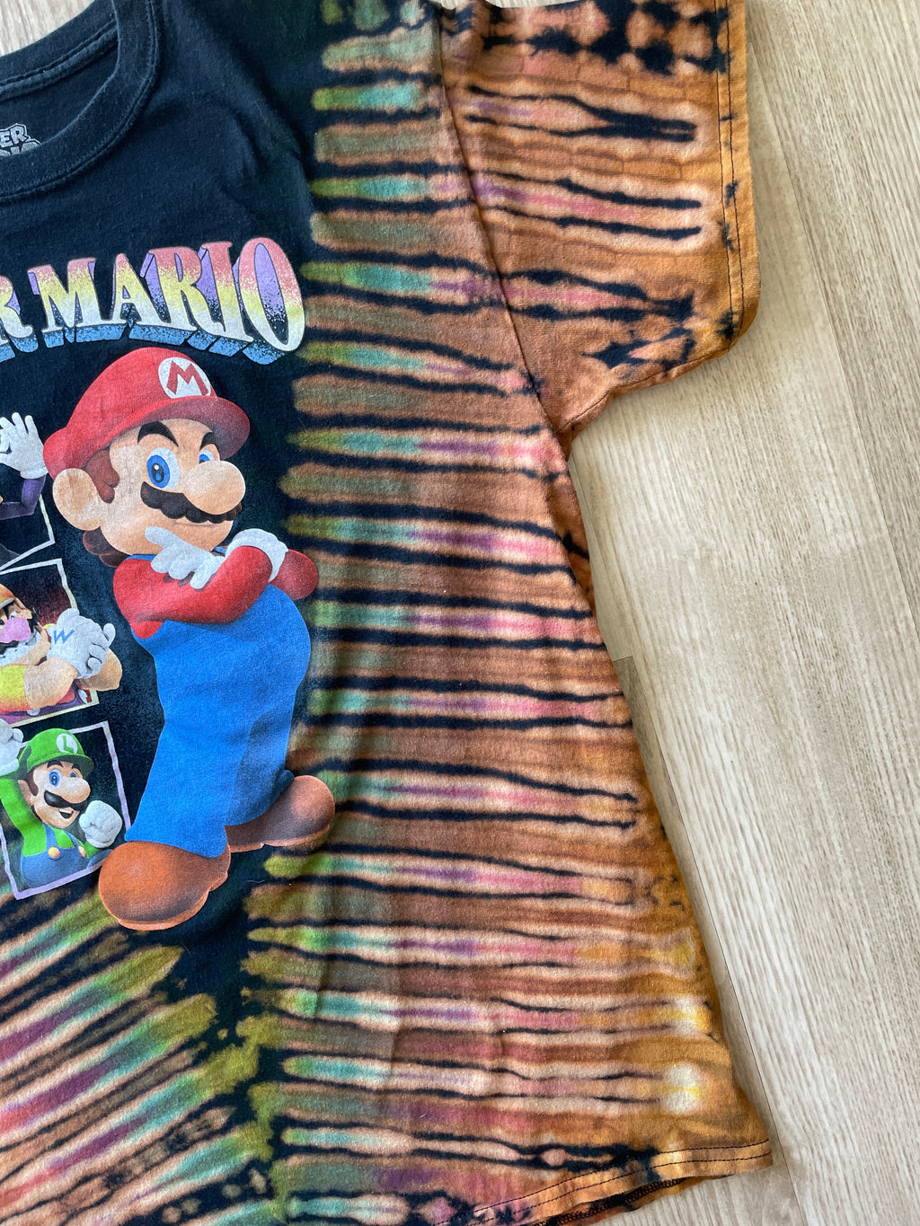 LARGE Men’s Super Mario Handmade Reverse Tie Dye T-Shirt | One-Of-a-Kind Black and Rainbow Pleated Short Sleeve