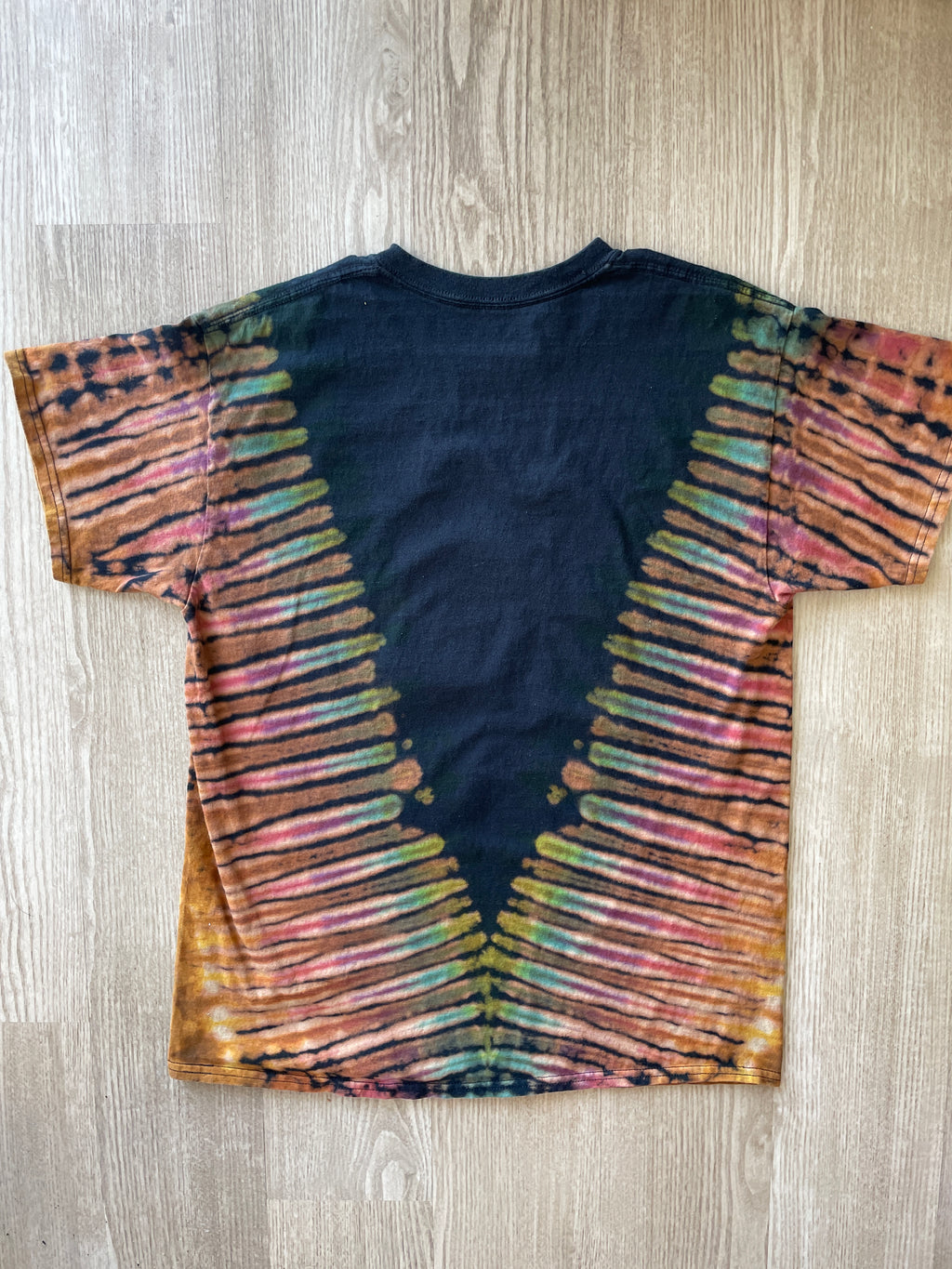 LARGE Men’s Super Mario Handmade Reverse Tie Dye T-Shirt | One-Of-a-Kind Black and Rainbow Pleated Short Sleeve