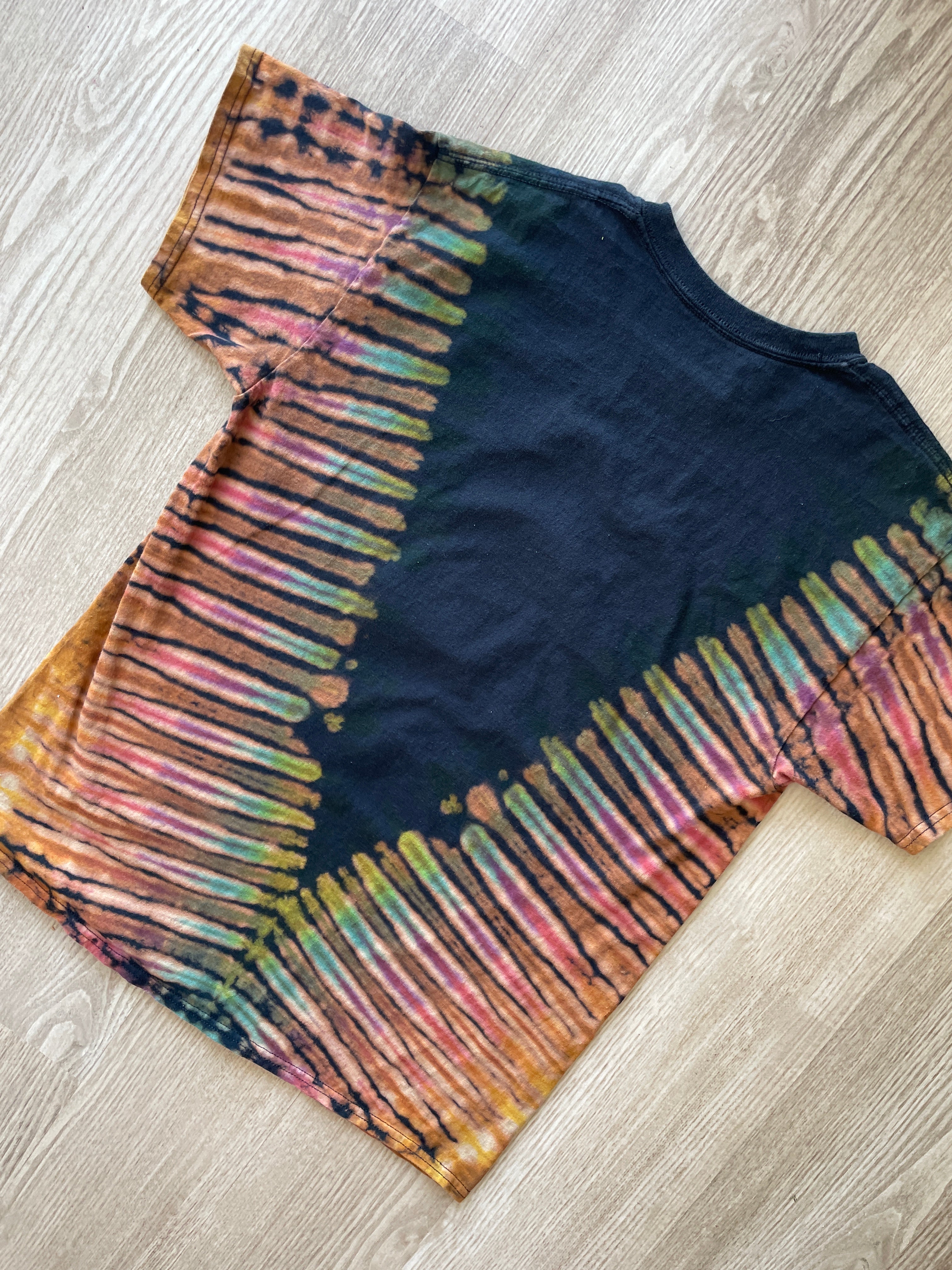 LARGE Men’s Super Mario Handmade Reverse Tie Dye T-Shirt | One-Of-a-Kind Black and Rainbow Pleated Short Sleeve