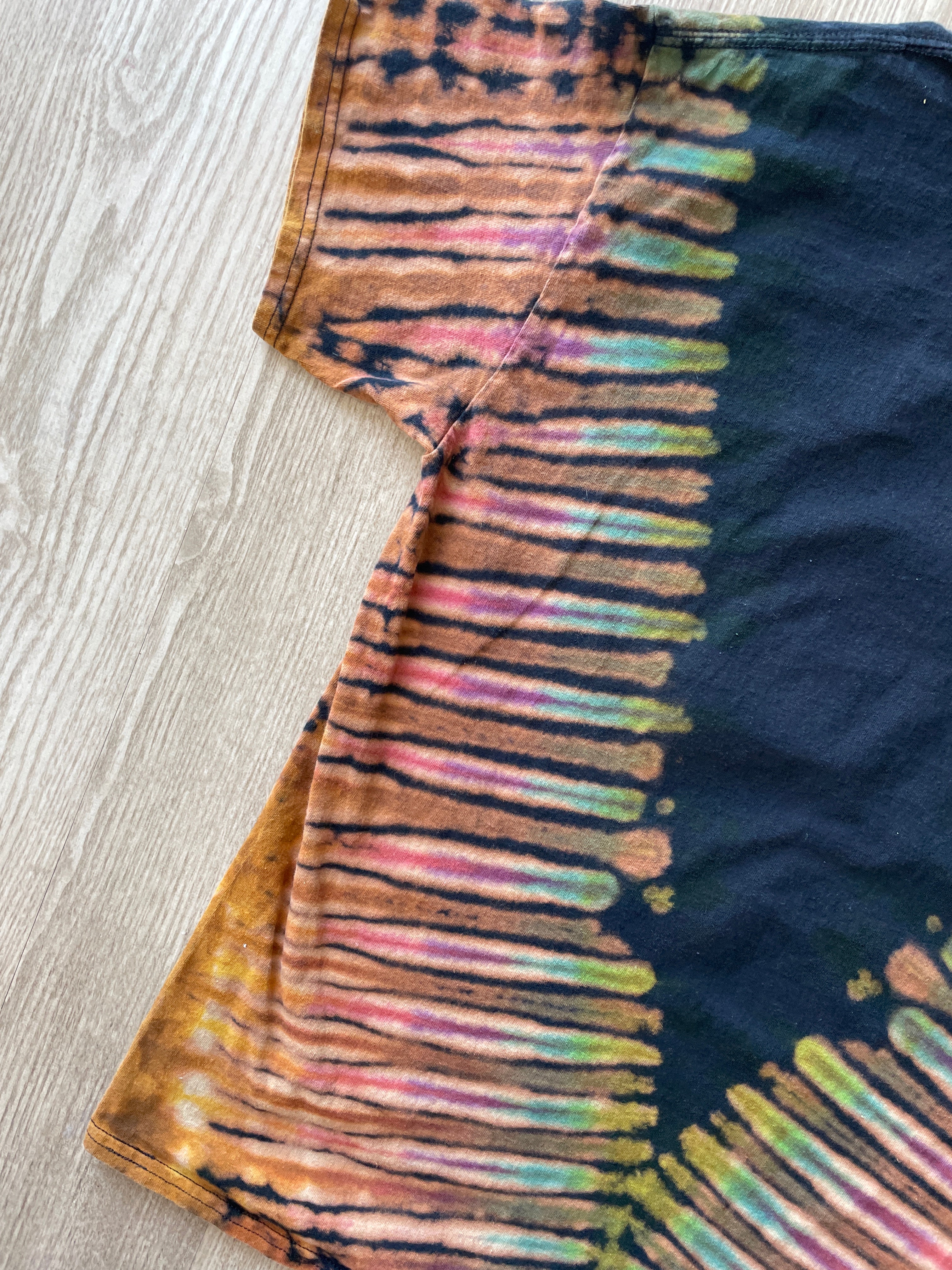 LARGE Men’s Super Mario Handmade Reverse Tie Dye T-Shirt | One-Of-a-Kind Black and Rainbow Pleated Short Sleeve