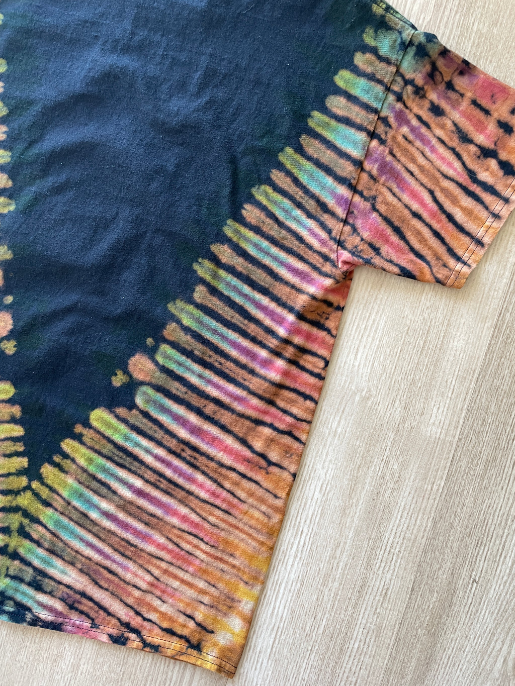 LARGE Men’s Super Mario Handmade Reverse Tie Dye T-Shirt | One-Of-a-Kind Black and Rainbow Pleated Short Sleeve