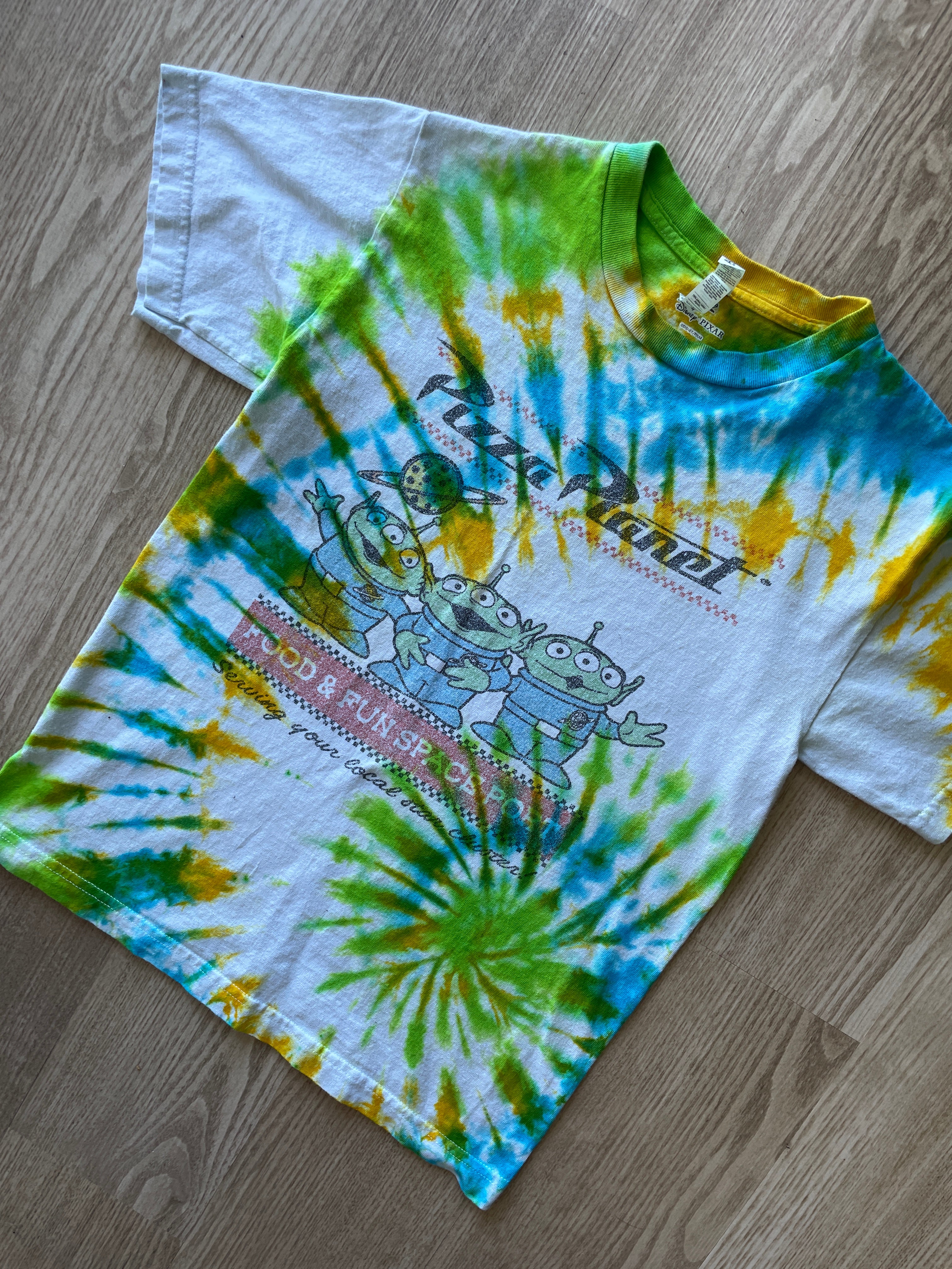 SMALL Men’s Toy Story Pizza Planet Handmade Tie Dye T-Shirt | One-Of-a-Kind Green, Blue, and Yellow Spiral Short Sleeve