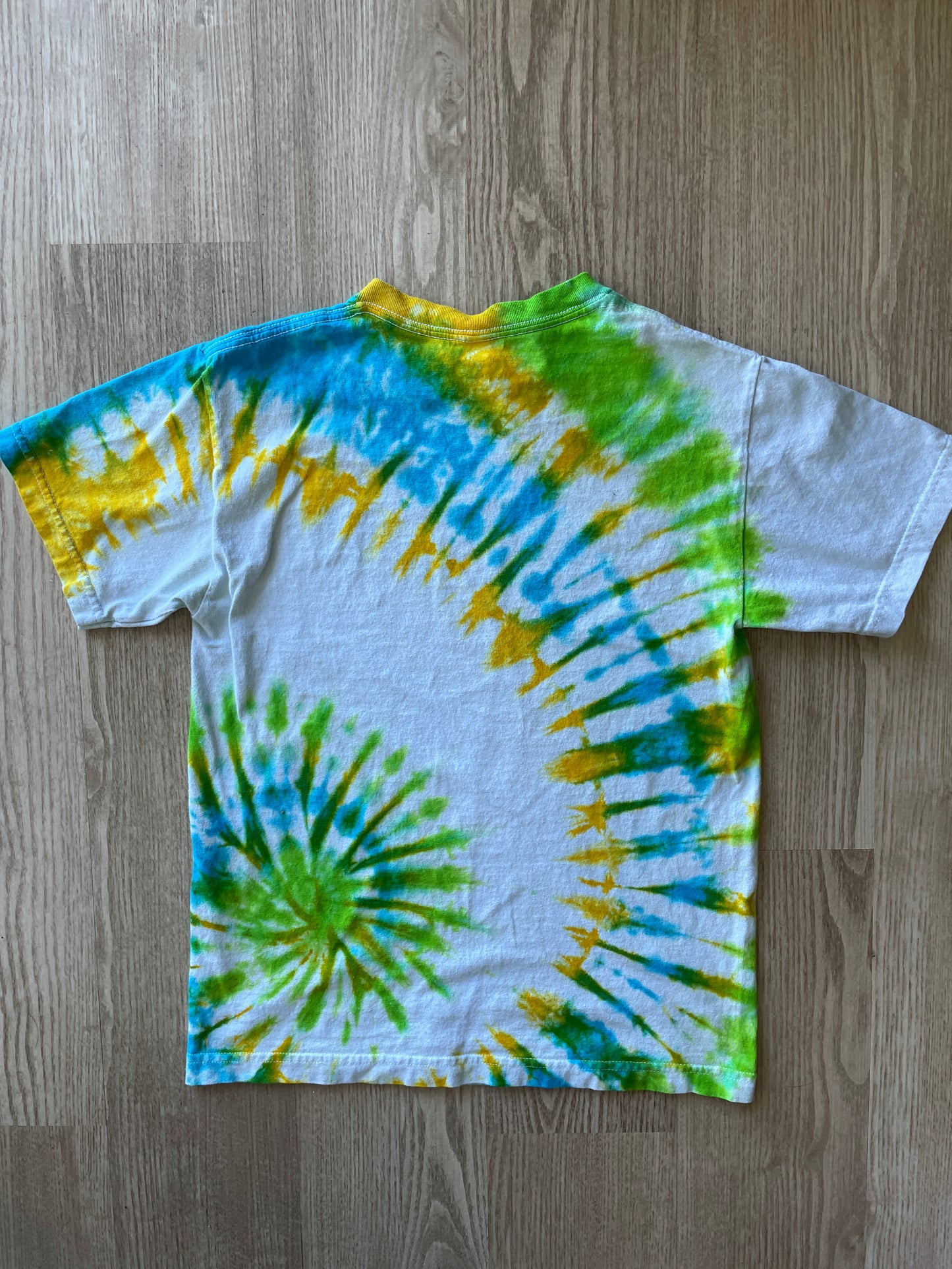 SMALL Men’s Toy Story Pizza Planet Handmade Tie Dye T-Shirt | One-Of-a-Kind Green, Blue, and Yellow Spiral Short Sleeve