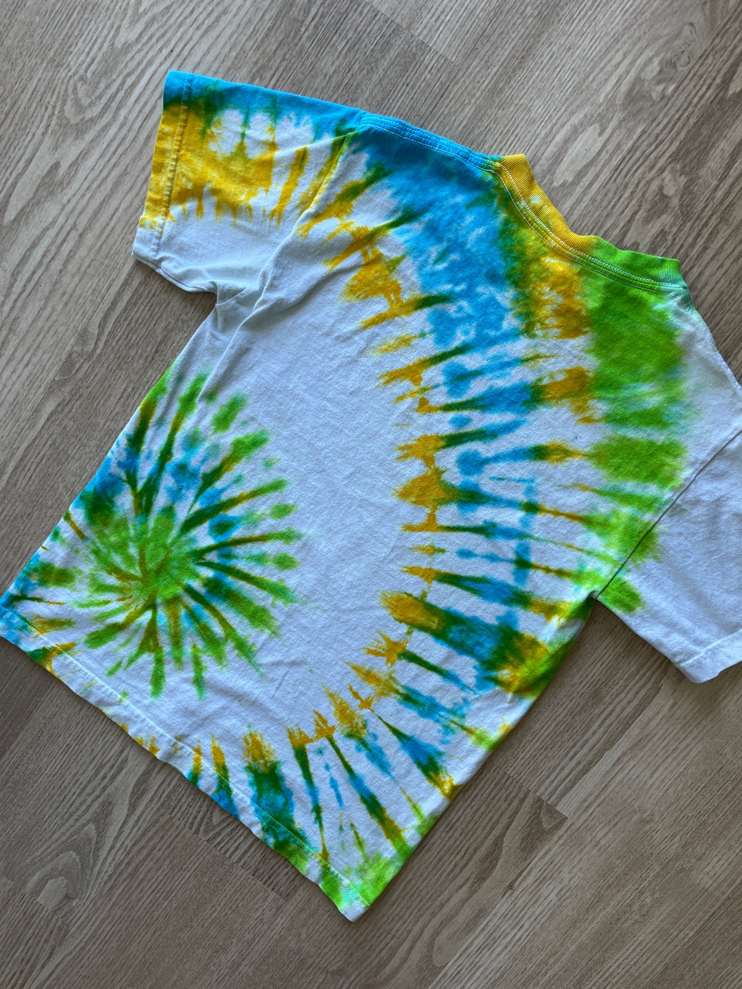 SMALL Men’s Toy Story Pizza Planet Handmade Tie Dye T-Shirt | One-Of-a-Kind Green, Blue, and Yellow Spiral Short Sleeve
