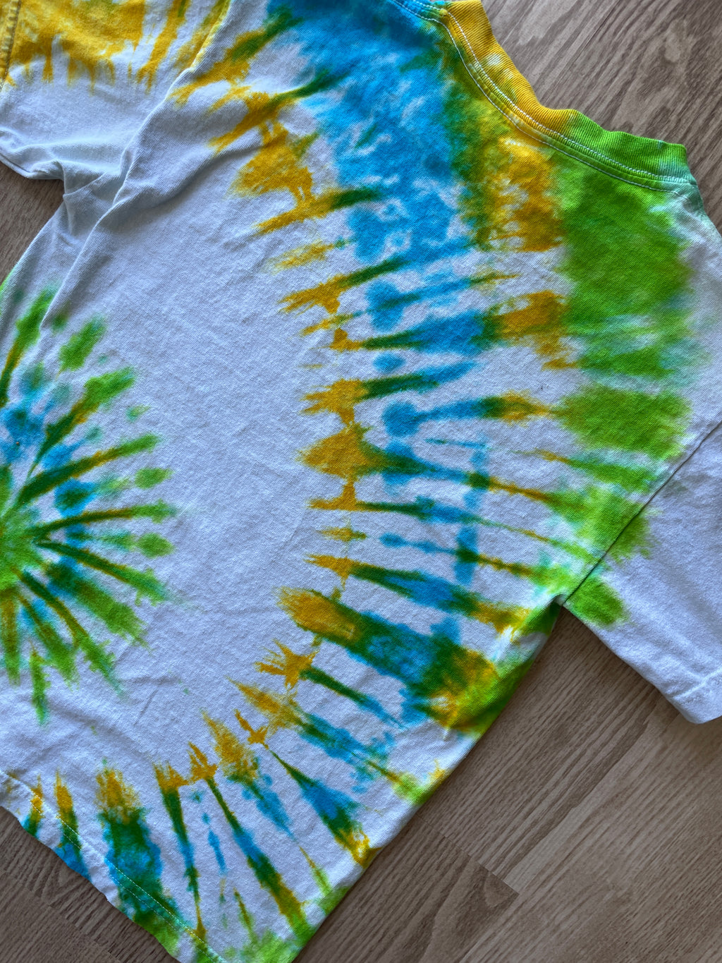 SMALL Men’s Toy Story Pizza Planet Handmade Tie Dye T-Shirt | One-Of-a-Kind Green, Blue, and Yellow Spiral Short Sleeve
